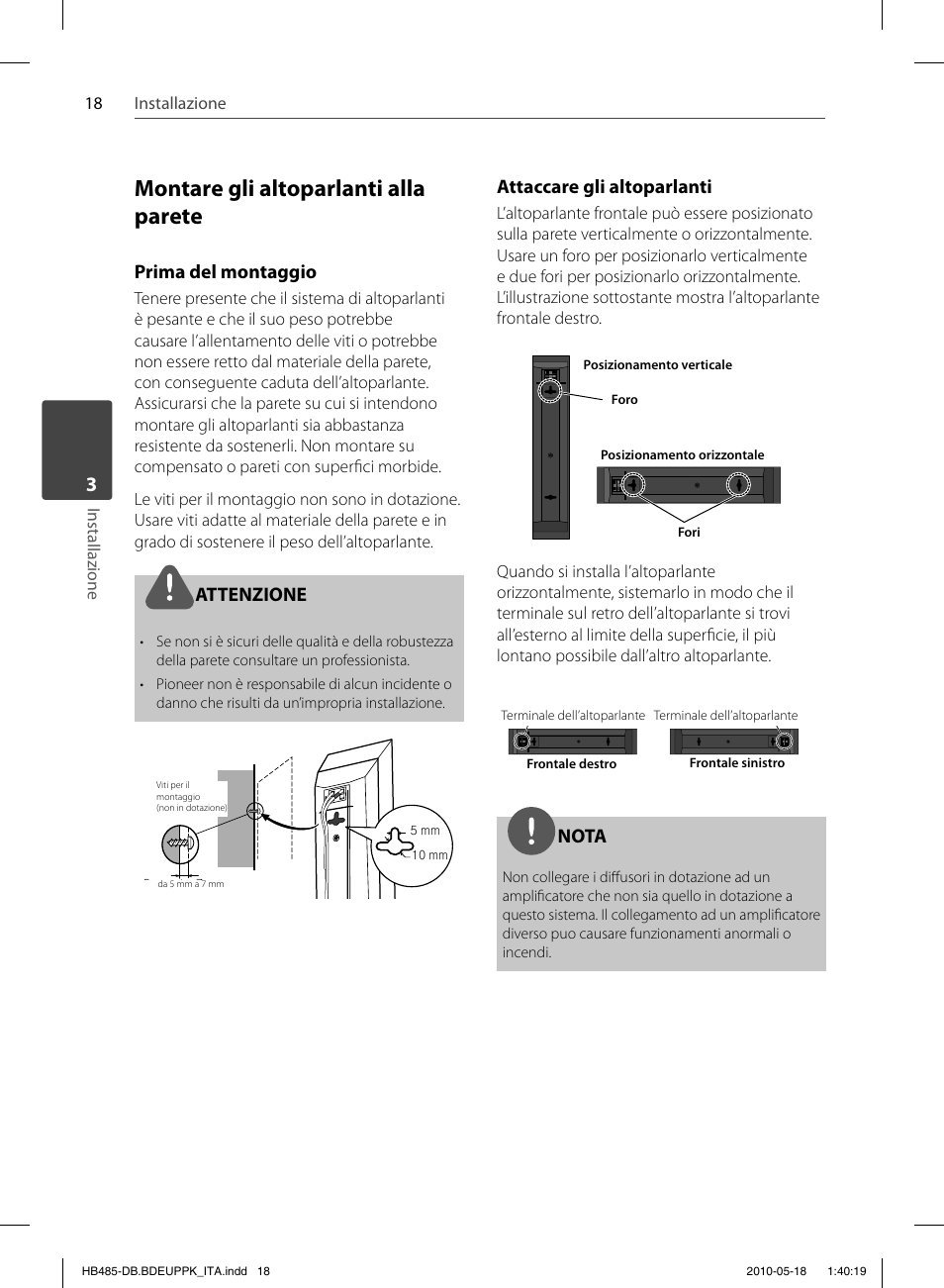 Montare gli altoparlanti alla parete, Prima del montaggio, Attenzione | Attaccare gli altoparlanti, Nota, 18 installazione installazione | Pioneer BCS-FS505 User Manual | Page 228 / 424