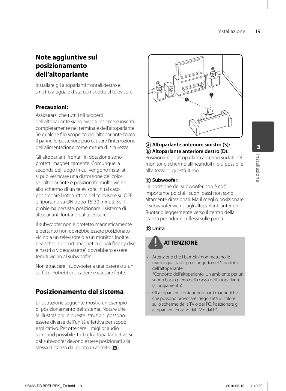 Posizionamento del sistema | Pioneer BCS-FS505 User Manual | Page 229 / 424