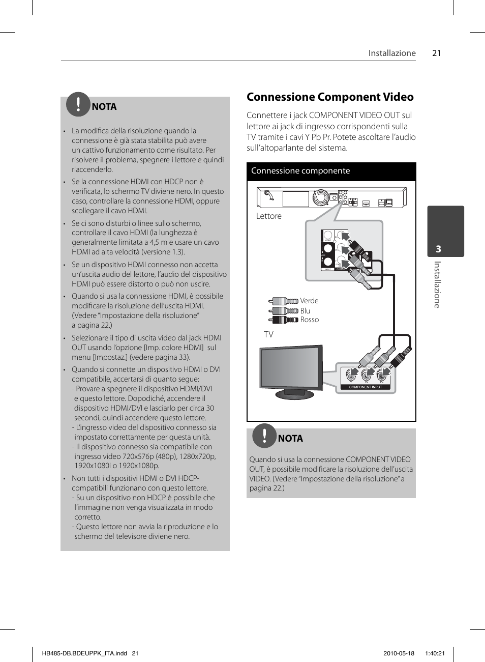 Connessione component video, Nota, 21 installazione | Installazione, Lettore | Pioneer BCS-FS505 User Manual | Page 231 / 424