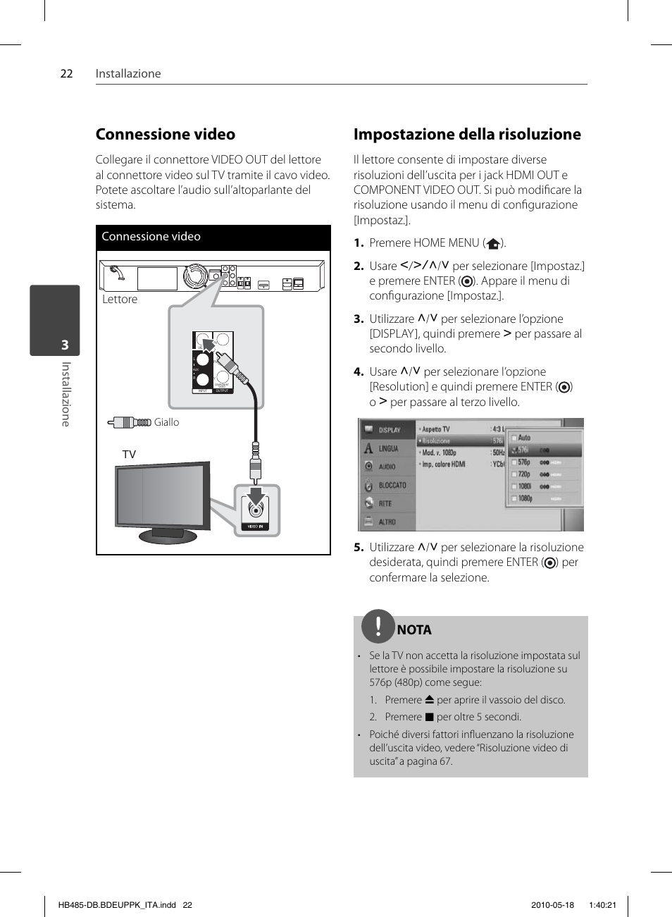 Connessione video, Impostazione della risoluzione, Nota | Pioneer BCS-FS505 User Manual | Page 232 / 424