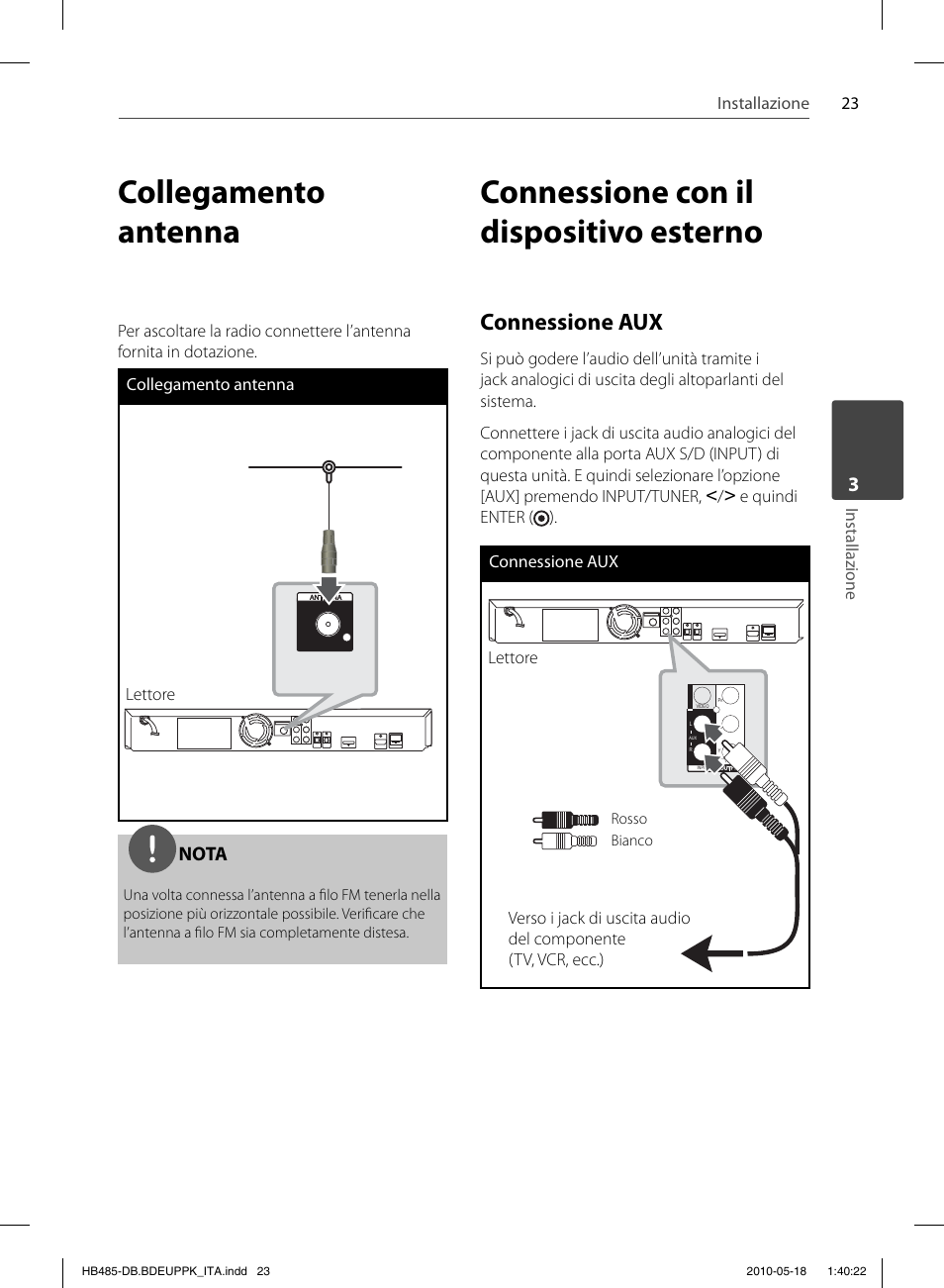 Collegamento antenna, Connessione con il dispositivo esterno, Connessione aux | Nota | Pioneer BCS-FS505 User Manual | Page 233 / 424