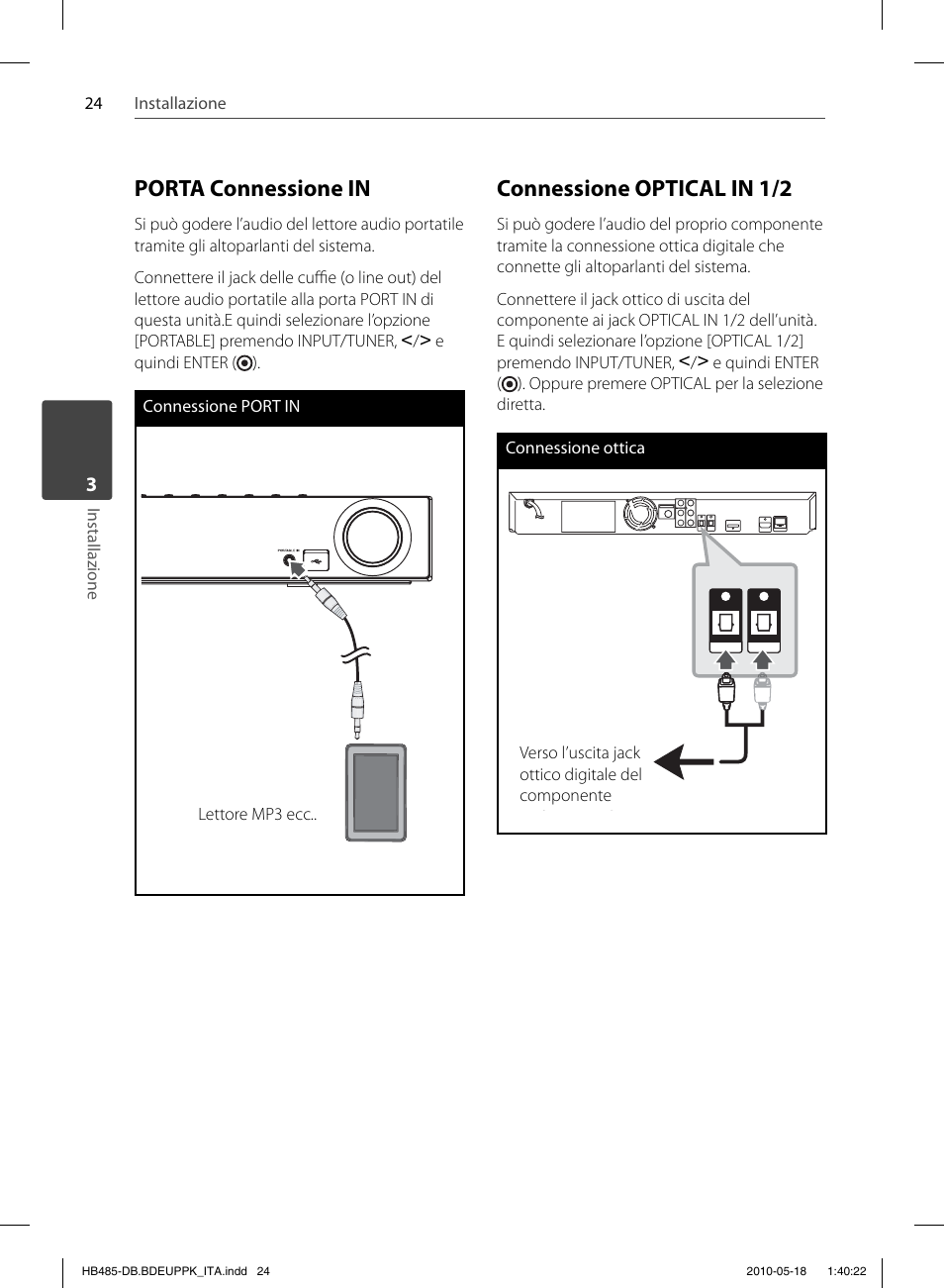 Porta connessione in, Connessione optical in 1/2 | Pioneer BCS-FS505 User Manual | Page 234 / 424