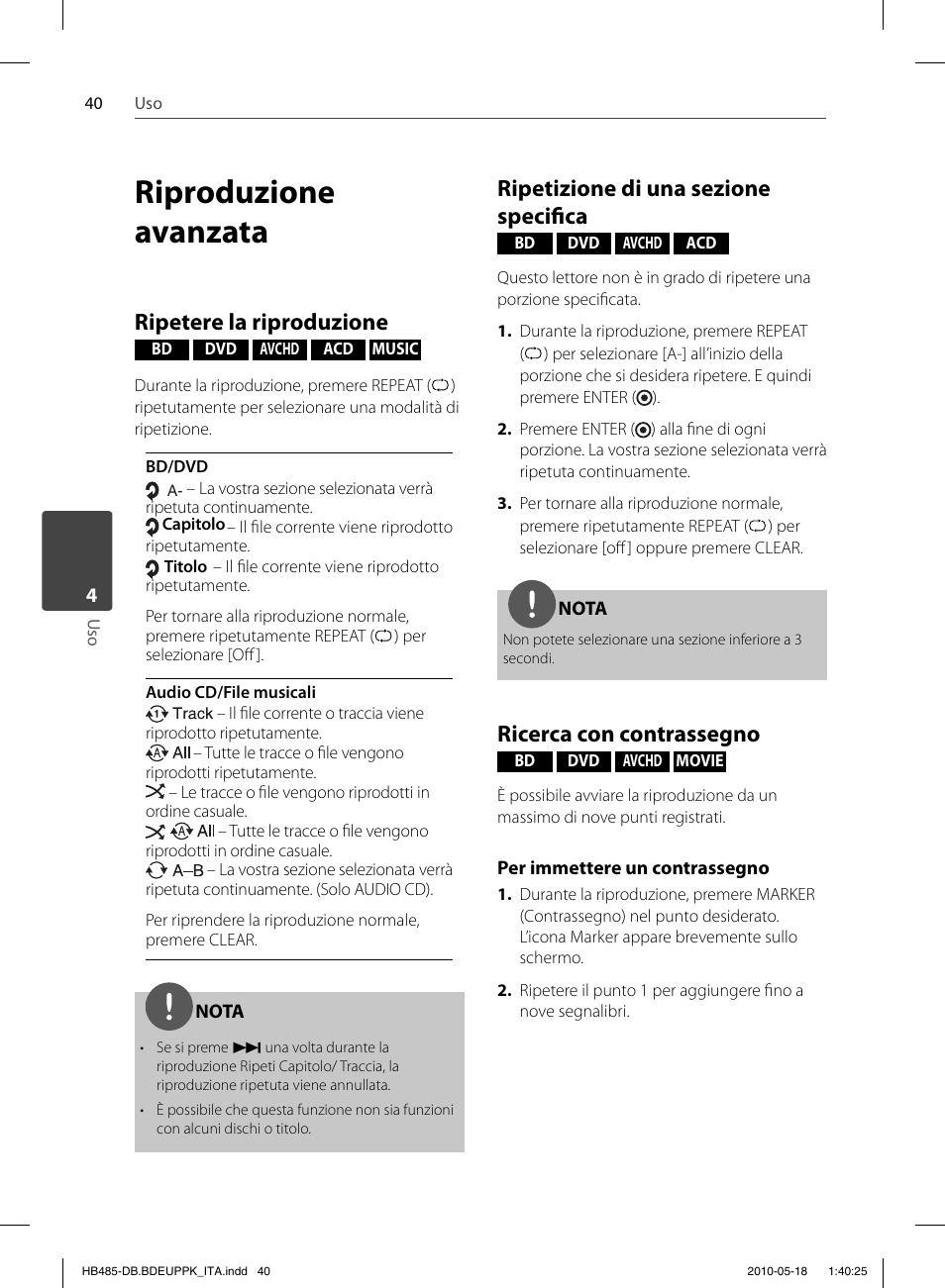 Riproduzione avanzata, Ripetere la riproduzione, Ripetizione di una sezione specifi ca | Ricerca con contrassegno | Pioneer BCS-FS505 User Manual | Page 250 / 424