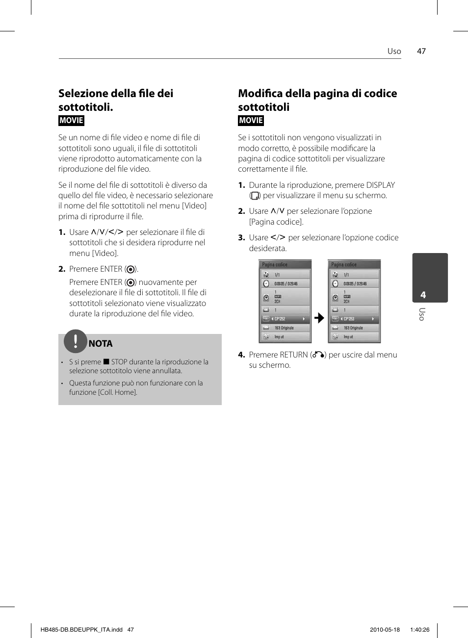 Selezione della fi le dei sottotitoli, Modifi ca della pagina di codice sottotitoli | Pioneer BCS-FS505 User Manual | Page 257 / 424