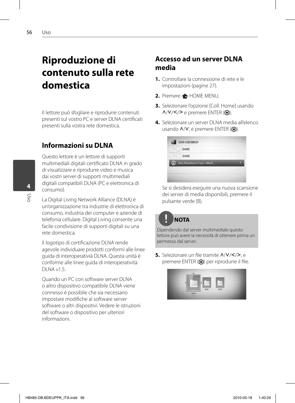 Riproduzione di contenuto sulla rete domestica, Informazioni su dlna, Accesso ad un server dlna media | Pioneer BCS-FS505 User Manual | Page 266 / 424