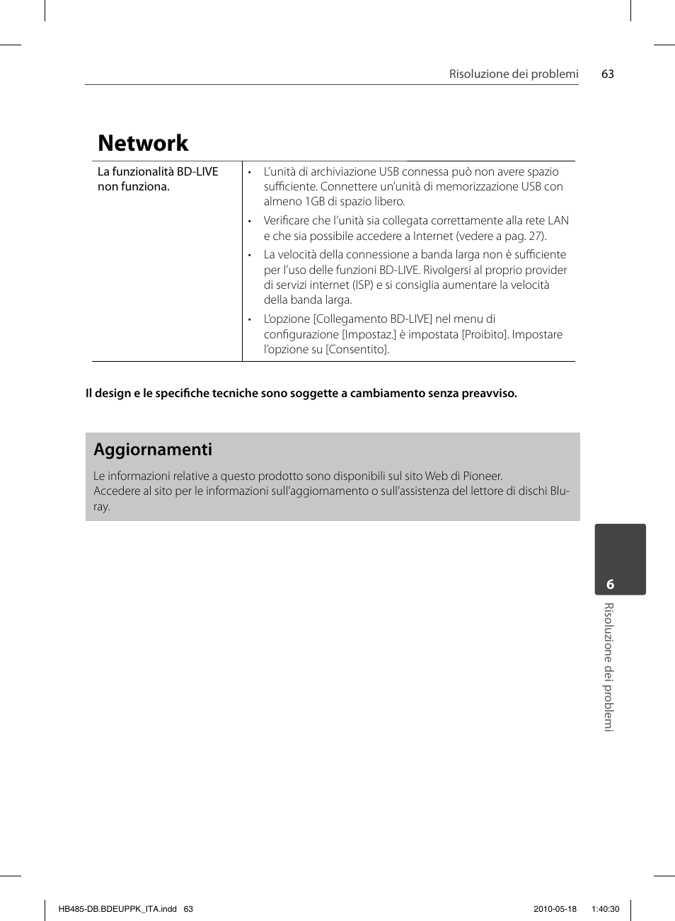 Network, Aggiornamenti | Pioneer BCS-FS505 User Manual | Page 273 / 424