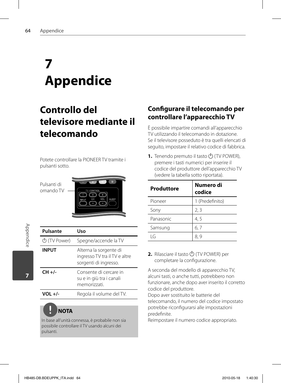 7appendice, Controllo del televisore mediante il telecomando | Pioneer BCS-FS505 User Manual | Page 274 / 424