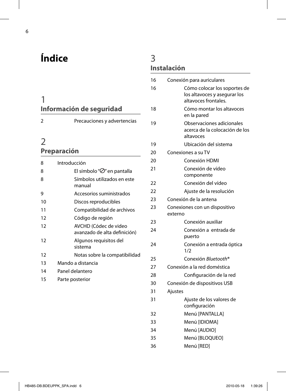 Índice 1, Información de seguridad, Preparación | Instalación | Pioneer BCS-FS505 User Manual | Page 286 / 424