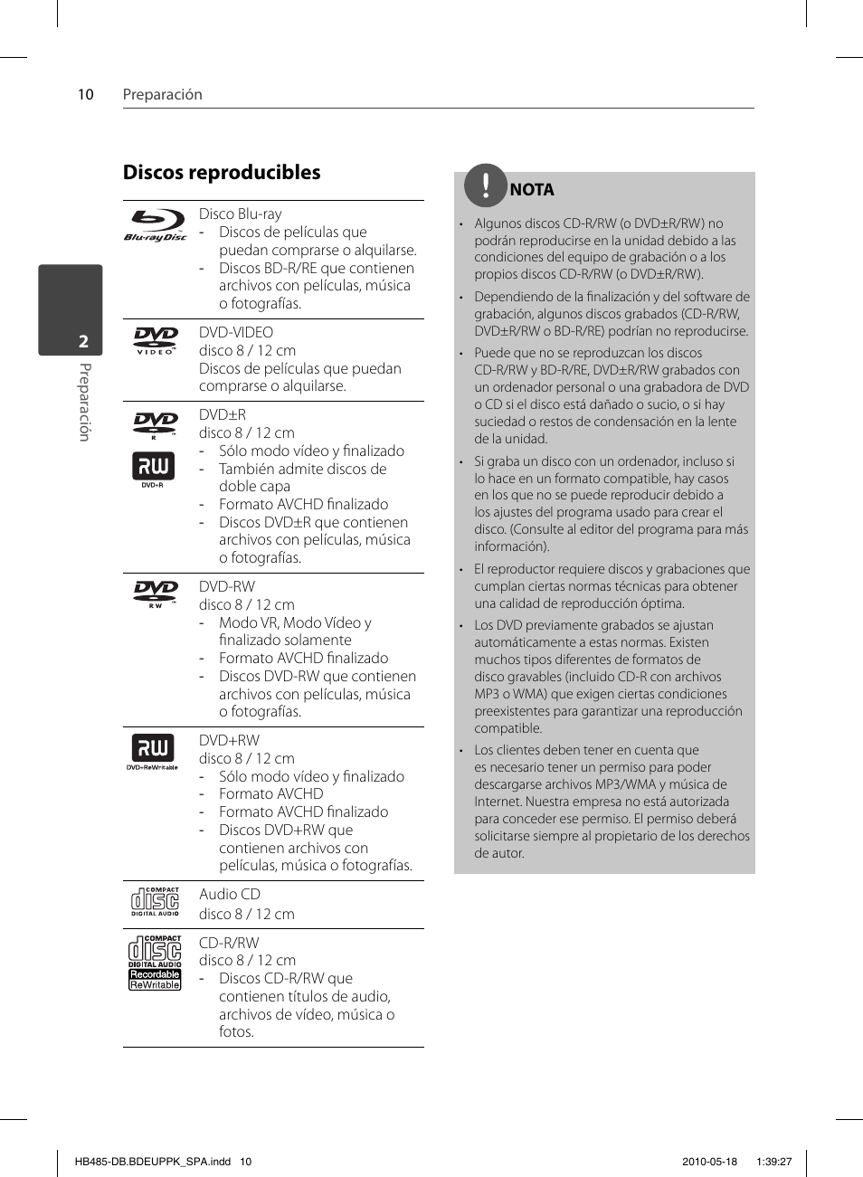 Discos reproducibles | Pioneer BCS-FS505 User Manual | Page 290 / 424