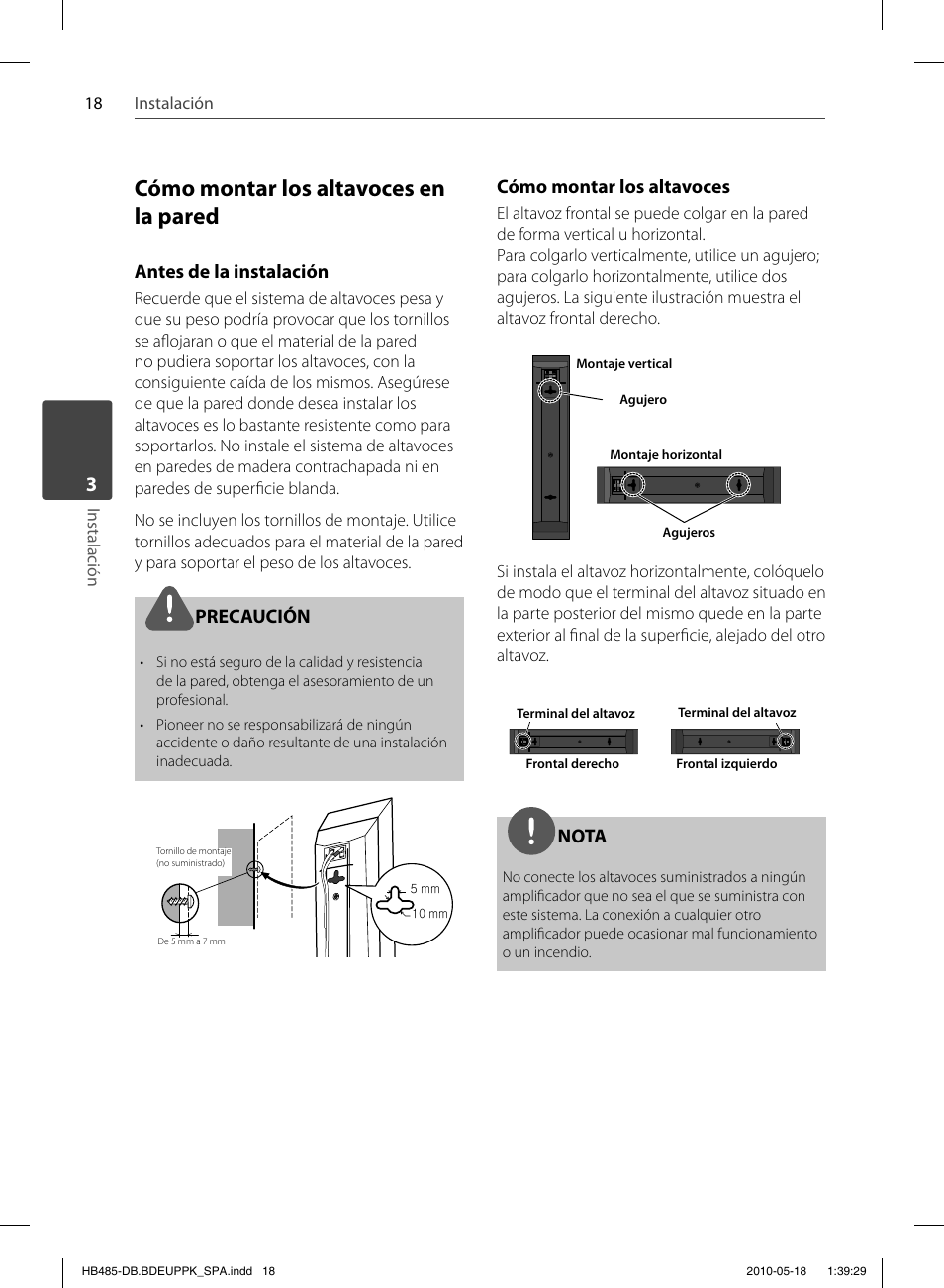 Cómo montar los altavoces en la pared, Antes de la instalación, Precaución | Cómo montar los altavoces, Nota, 18 instalación instalación | Pioneer BCS-FS505 User Manual | Page 298 / 424