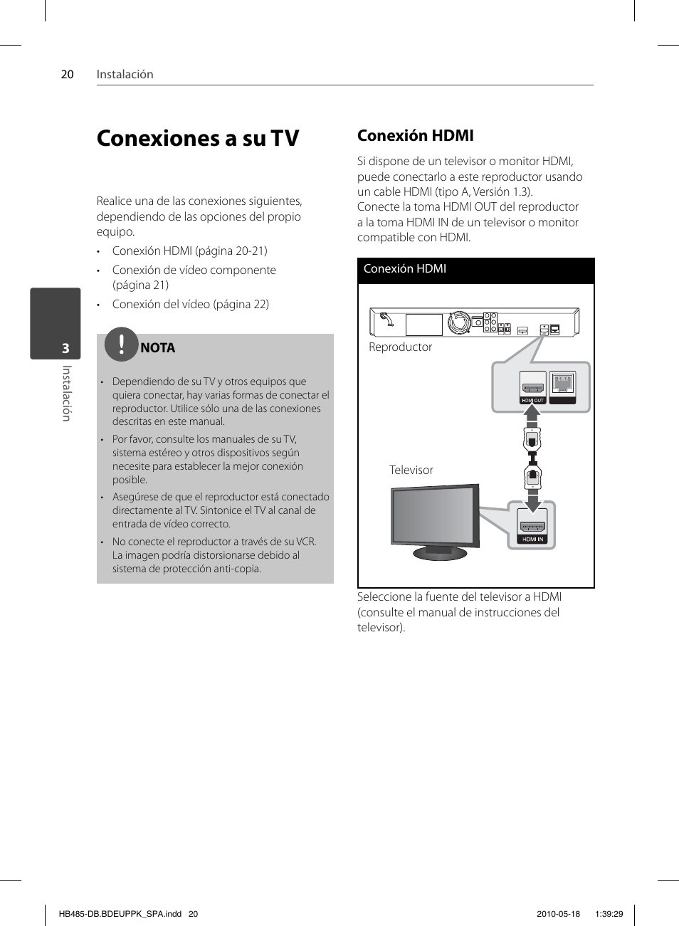 Conexiones a su tv, Conexión hdmi | Pioneer BCS-FS505 User Manual | Page 300 / 424