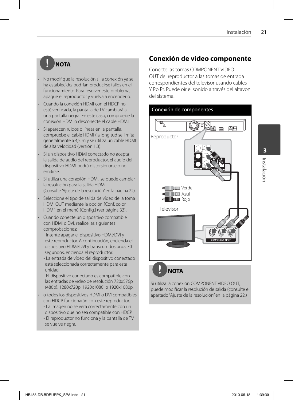 Conexión de vídeo componente, Nota, 21 instalación | Instalación, Reproductor, Televisor | Pioneer BCS-FS505 User Manual | Page 301 / 424