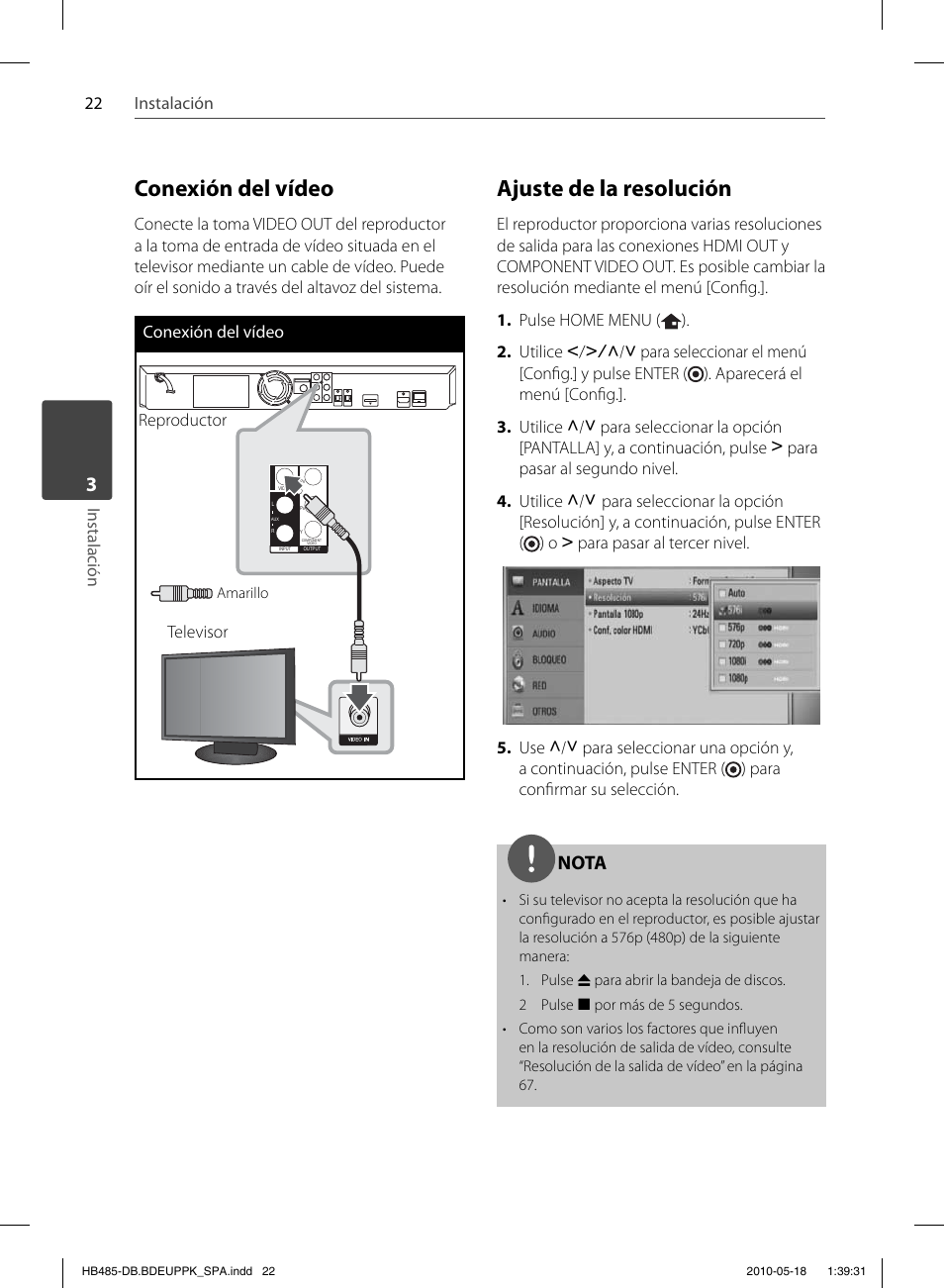 Conexión del vídeo, Ajuste de la resolución, Nota | Pioneer BCS-FS505 User Manual | Page 302 / 424