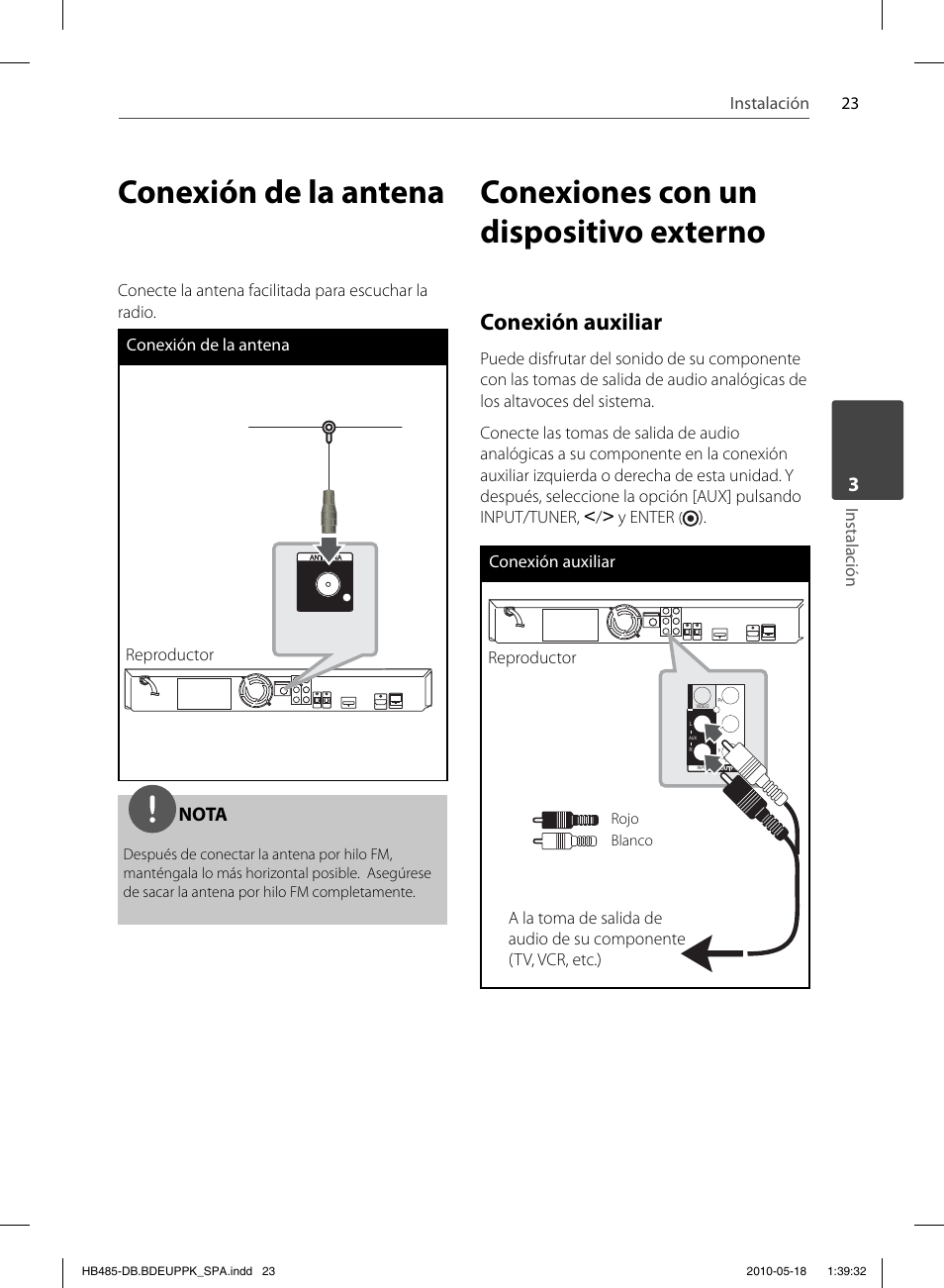 Conexión de la antena, Conexiones con un dispositivo externo, Conexión auxiliar | Nota | Pioneer BCS-FS505 User Manual | Page 303 / 424