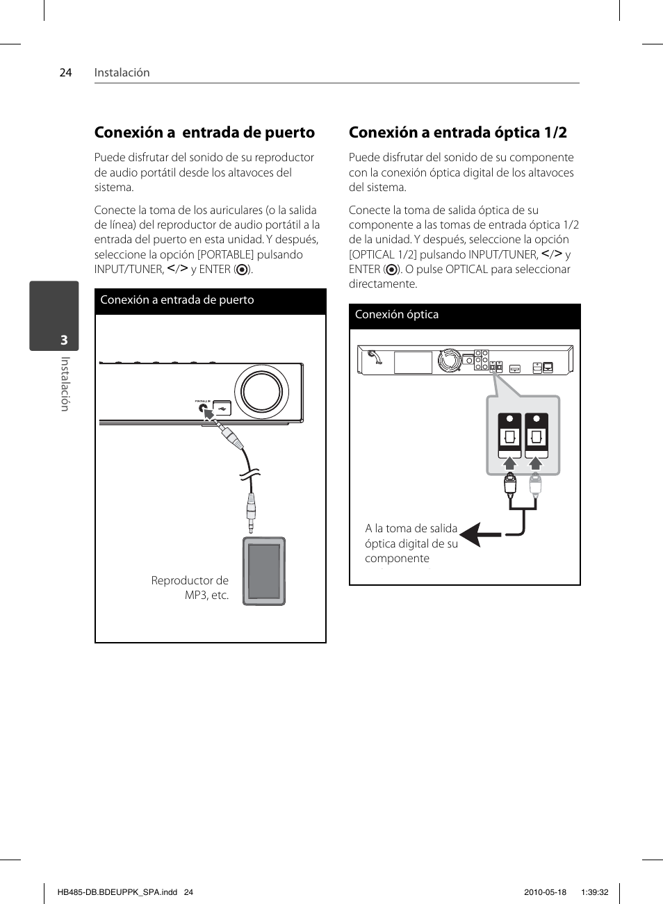 Conexión a entrada de puerto, Conexión a entrada óptica 1/2 | Pioneer BCS-FS505 User Manual | Page 304 / 424