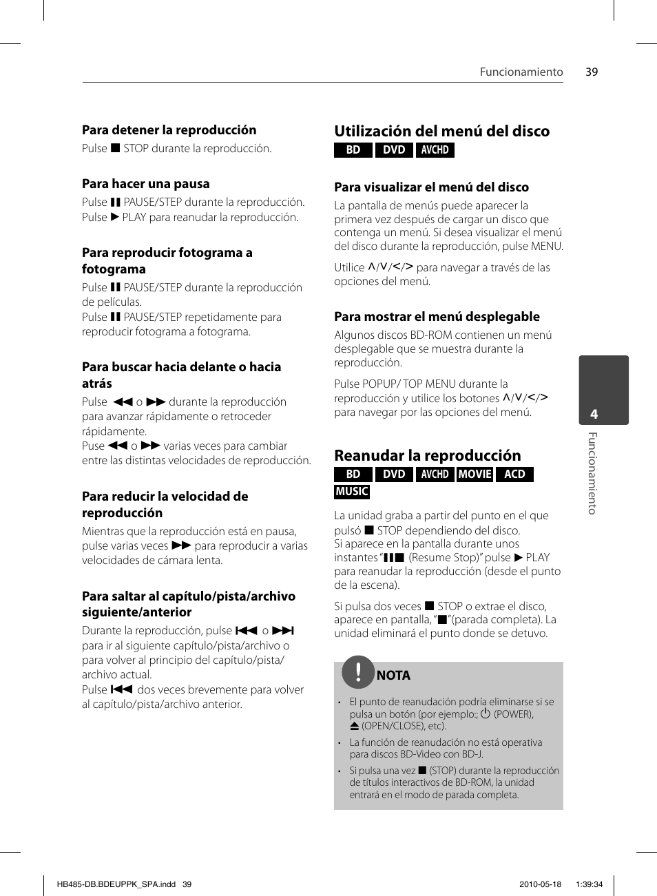 Utilización del menú del disco, Reanudar la reproducción | Pioneer BCS-FS505 User Manual | Page 319 / 424