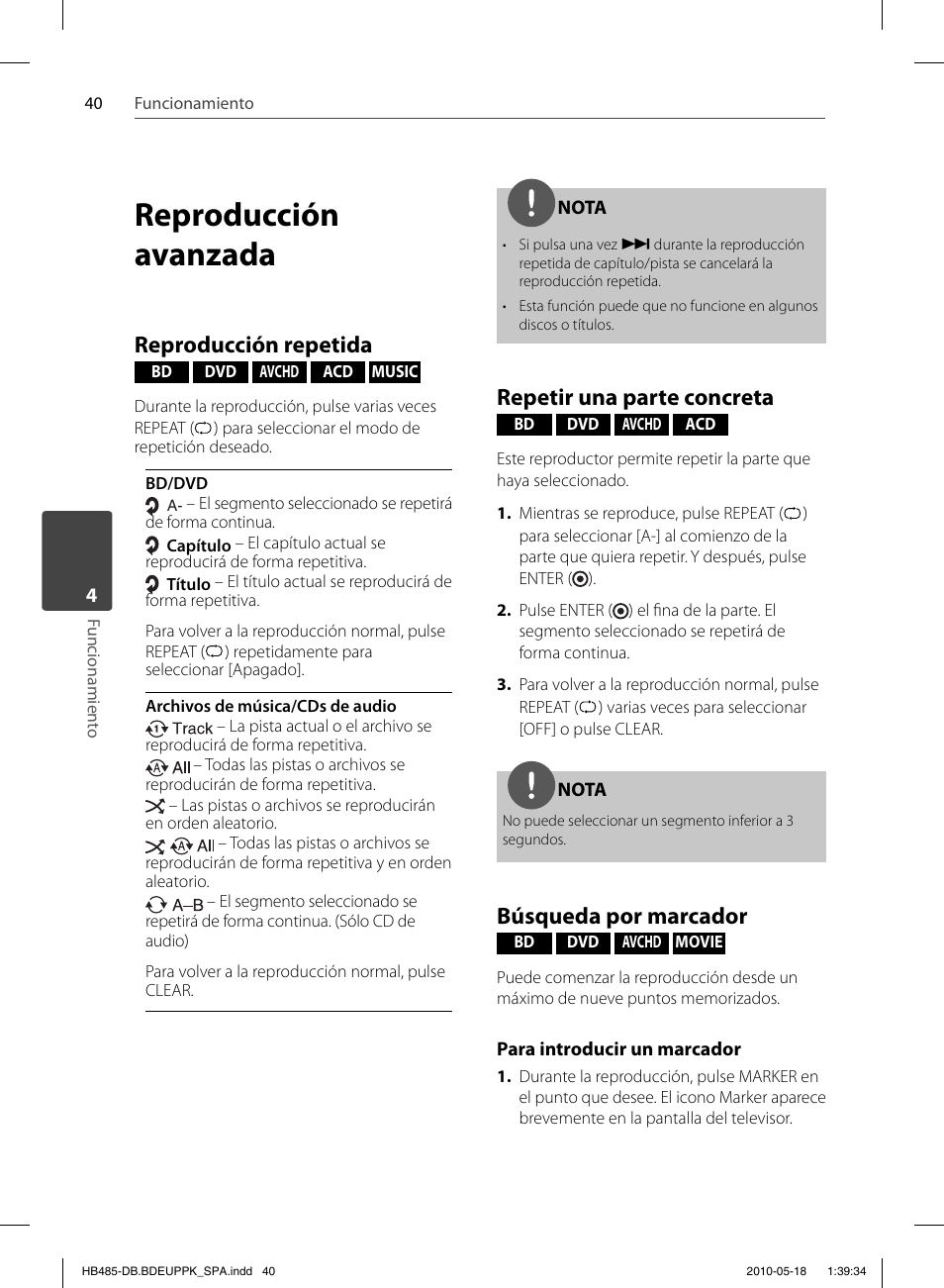 Reproducción avanzada, Reproducción repetida, Repetir una parte concreta | Búsqueda por marcador | Pioneer BCS-FS505 User Manual | Page 320 / 424
