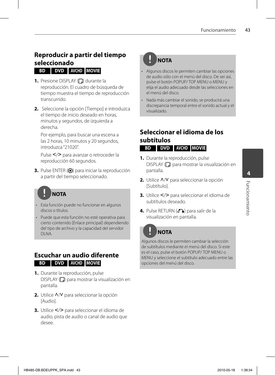 Reproducir a partir del tiempo seleccionado, Escuchar un audio diferente, Seleccionar el idioma de los subtítulos | Pioneer BCS-FS505 User Manual | Page 323 / 424