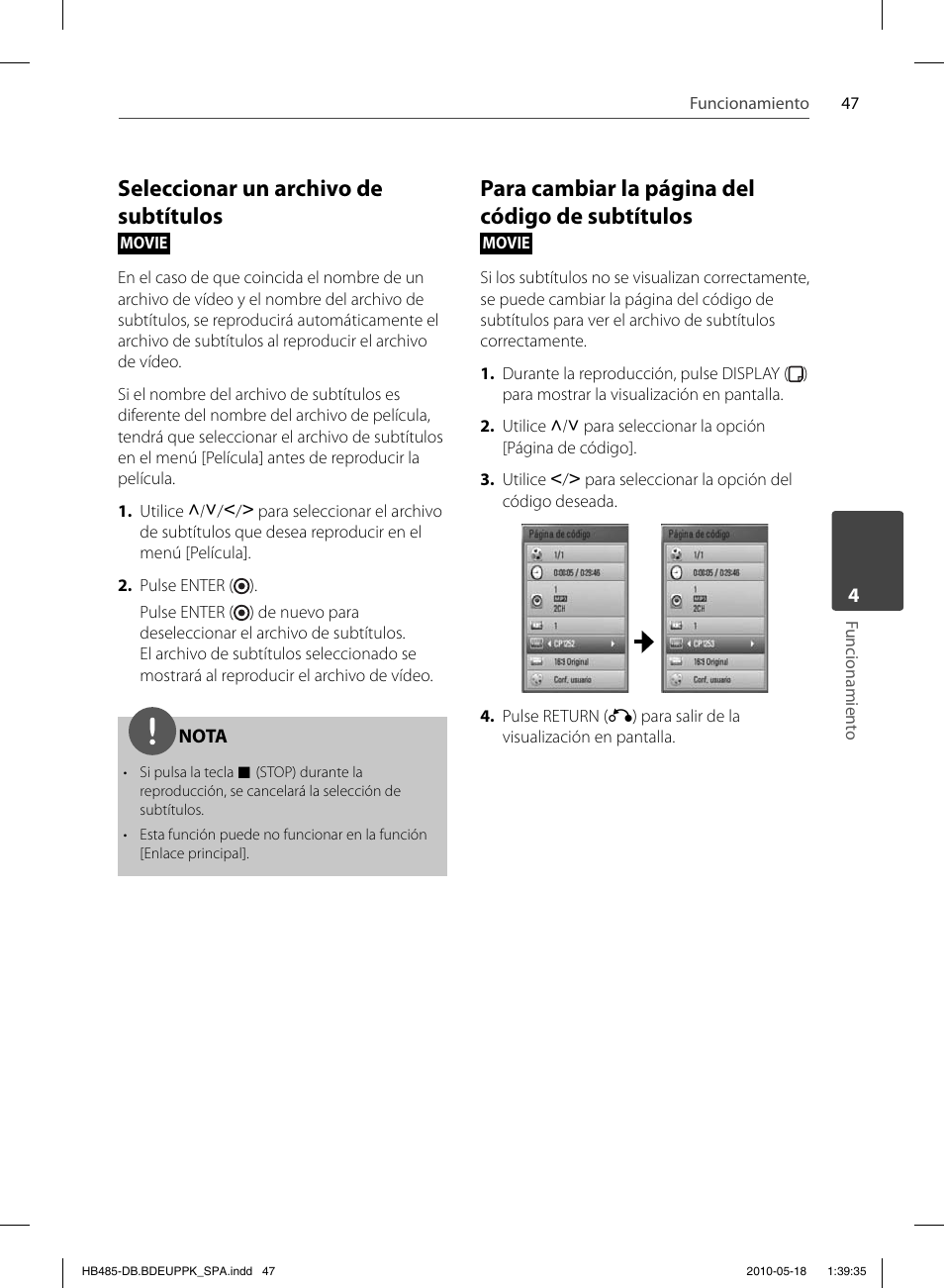Seleccionar un archivo de subtítulos, Para cambiar la página del código de subtítulos | Pioneer BCS-FS505 User Manual | Page 327 / 424