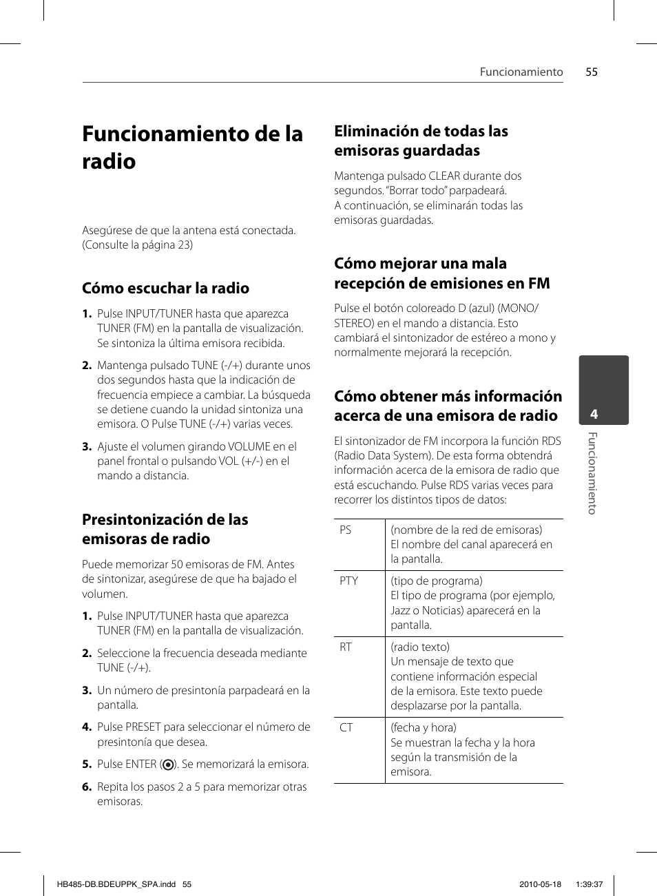 Funcionamiento de la radio, Cómo escuchar la radio, Presintonización de las emisoras de radio | Eliminación de todas las emisoras guardadas, Cómo mejorar una mala recepción de emisiones en fm | Pioneer BCS-FS505 User Manual | Page 335 / 424