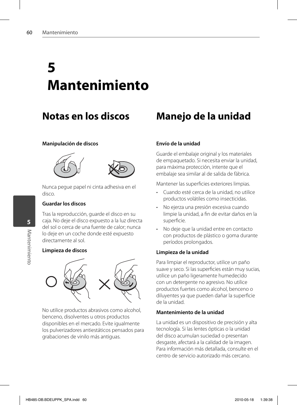 5mantenimiento, Notas en los discos, Manejo de la unidad | Pioneer BCS-FS505 User Manual | Page 340 / 424