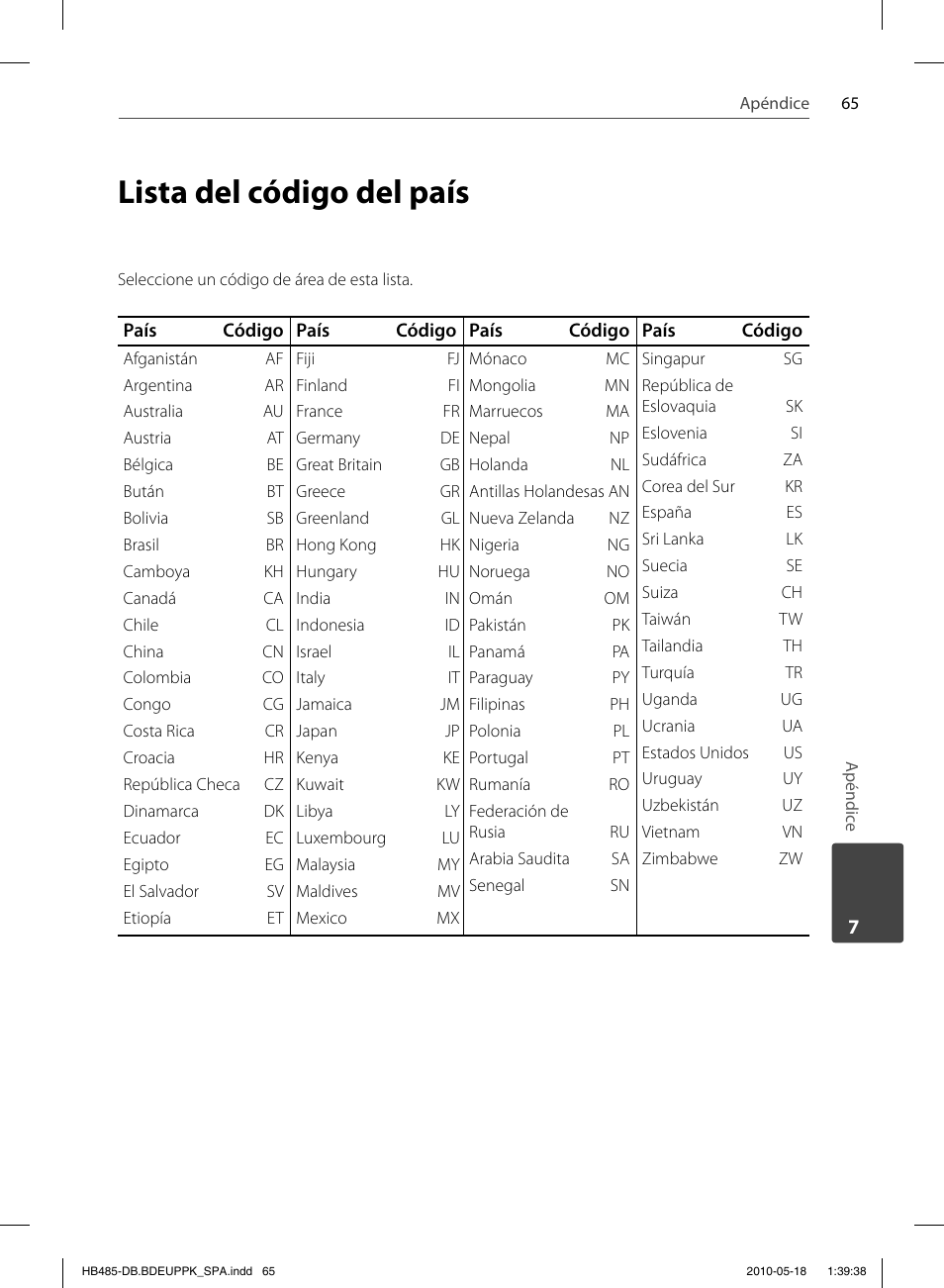 Lista del código del país | Pioneer BCS-FS505 User Manual | Page 345 / 424