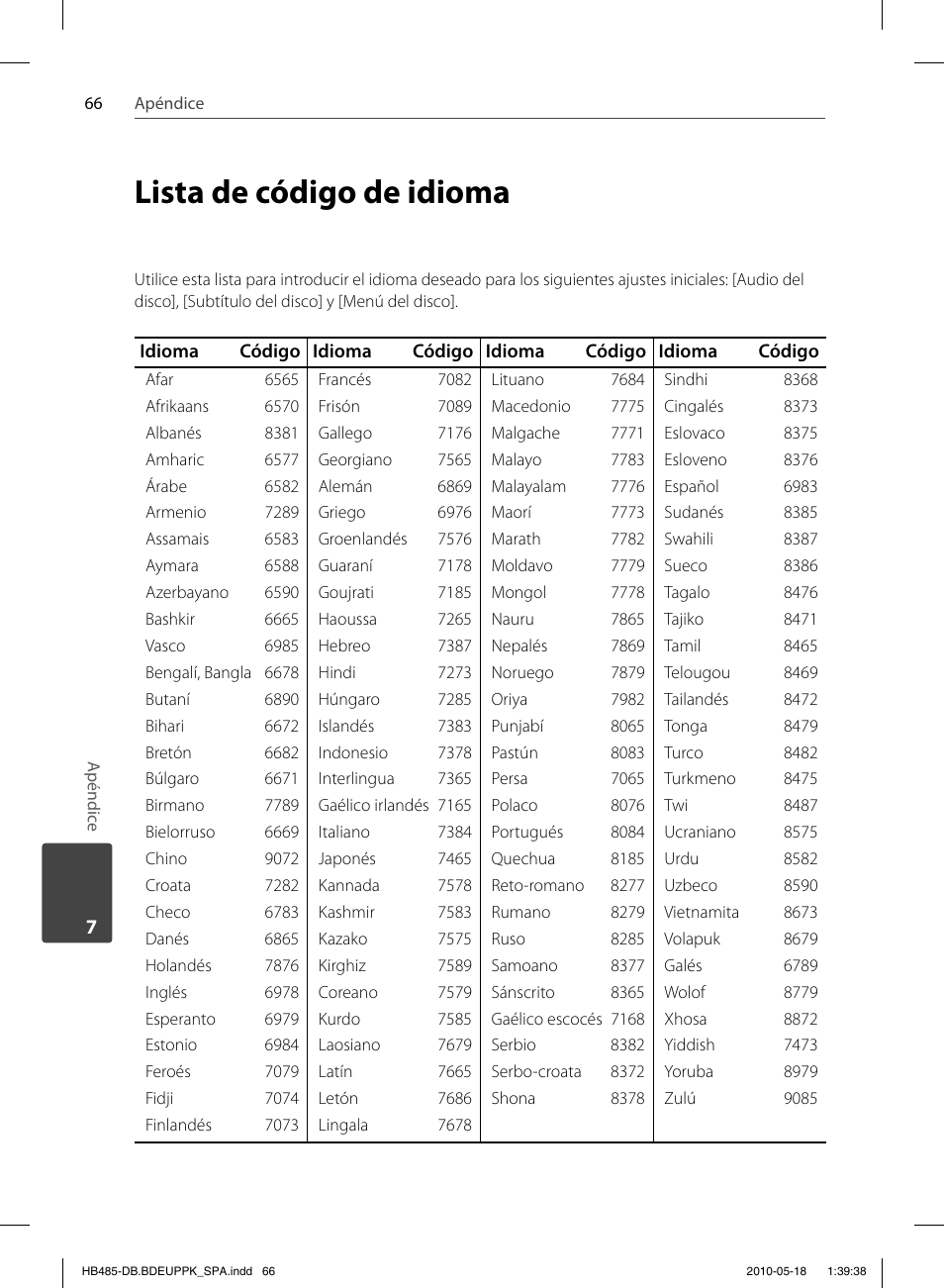 Lista de código de idioma | Pioneer BCS-FS505 User Manual | Page 346 / 424