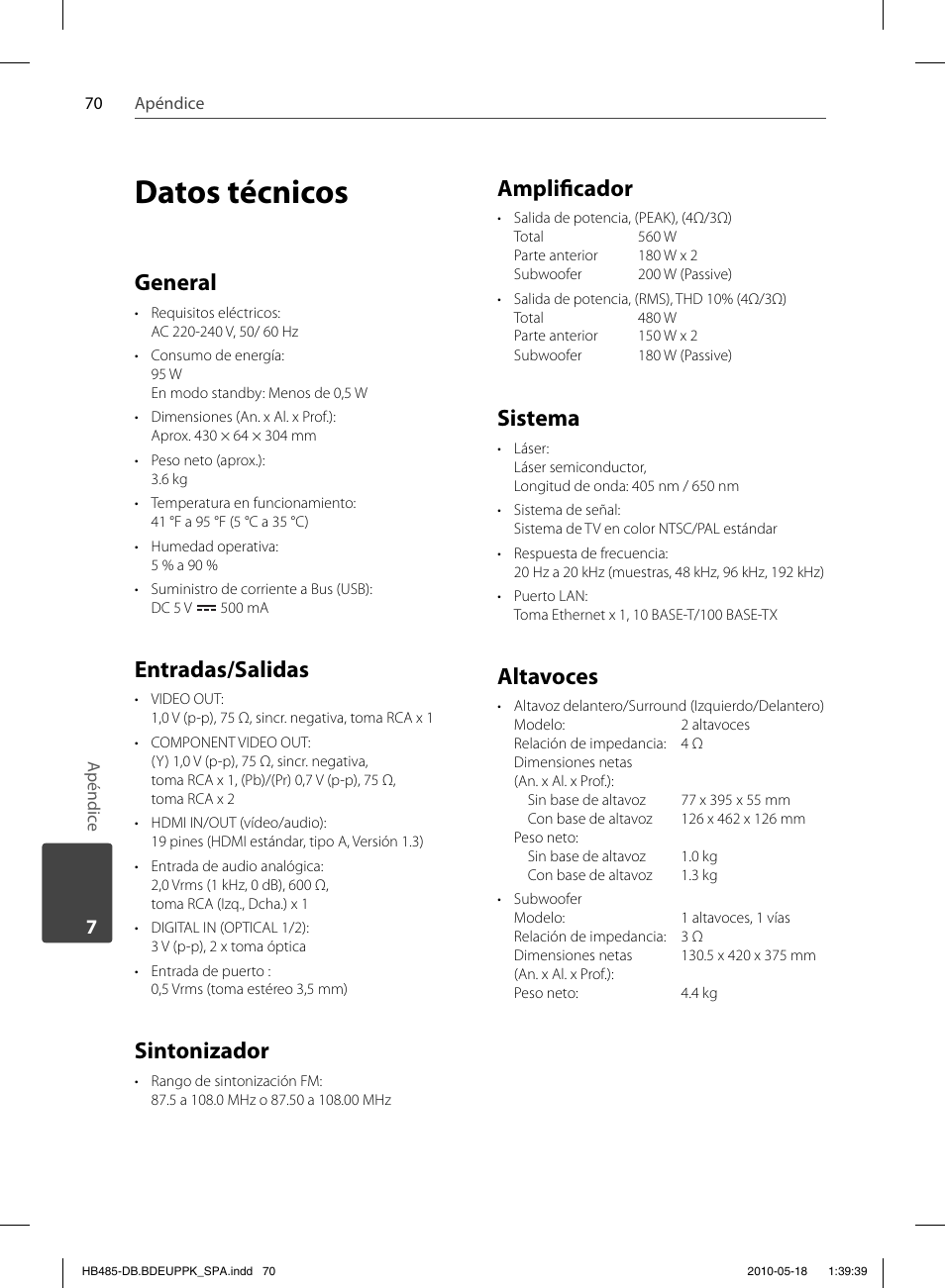 Datos técnicos, General, Entradas/salidas | Sintonizador, Amplifi cador, Sistema, Altavoces | Pioneer BCS-FS505 User Manual | Page 350 / 424