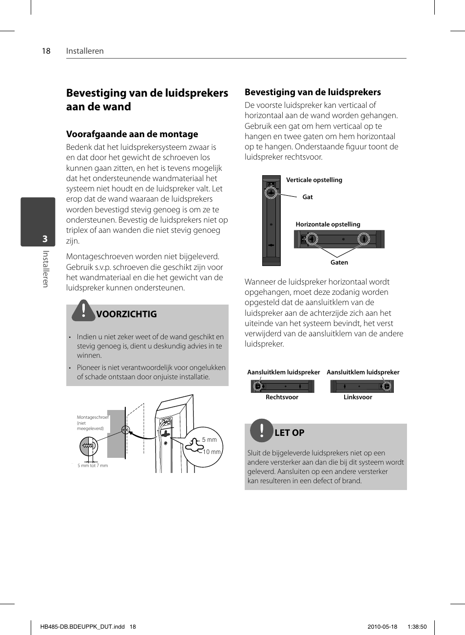 Bevestiging van de luidsprekers aan de wand, Voorafgaande aan de montage, Voorzichtig | Bevestiging van de luidsprekers, Let op, 18 installeren installer en | Pioneer BCS-FS505 User Manual | Page 368 / 424