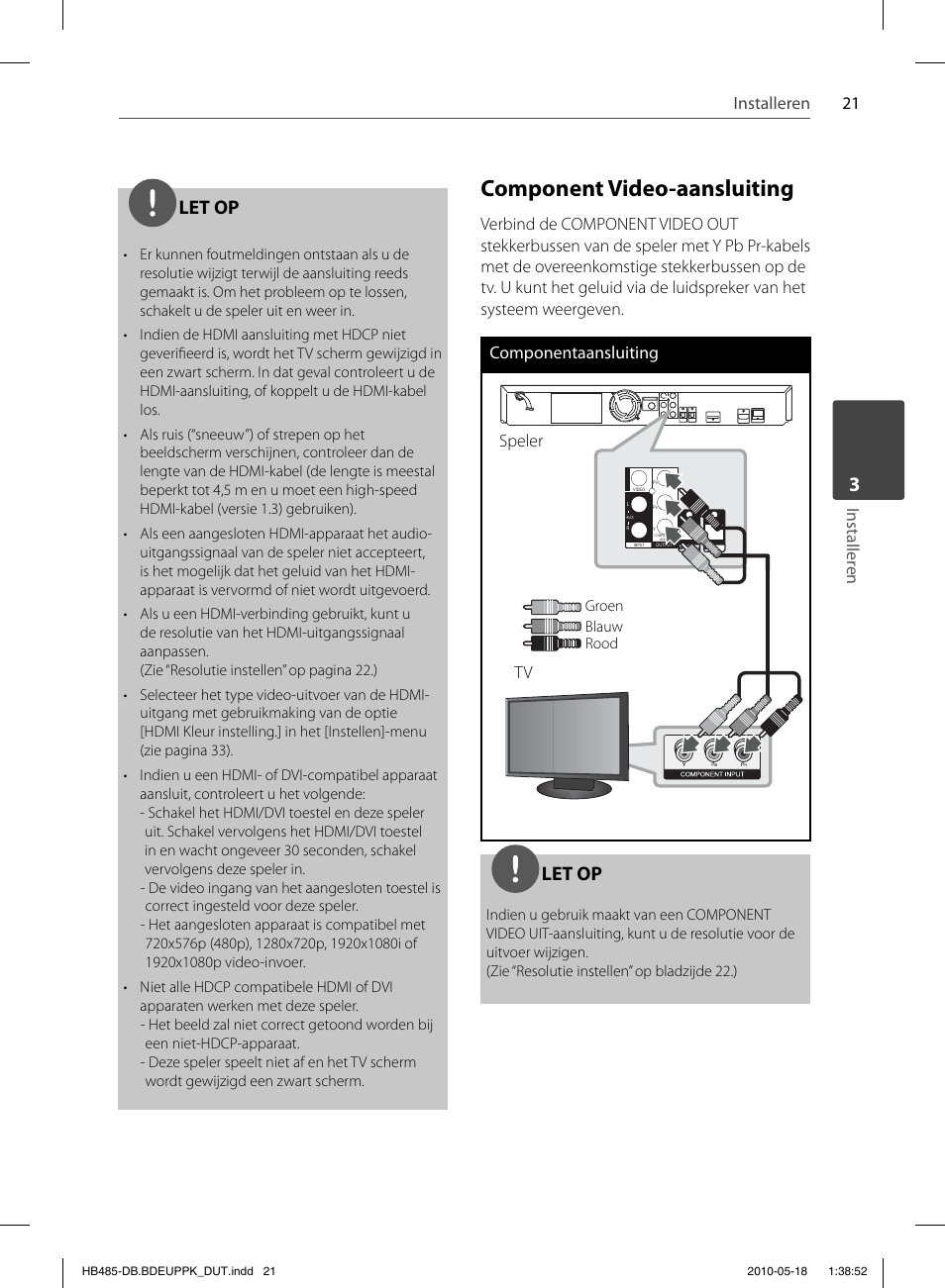 Component video-aansluiting, Let op, 21 installeren | Installer en, Speler | Pioneer BCS-FS505 User Manual | Page 371 / 424