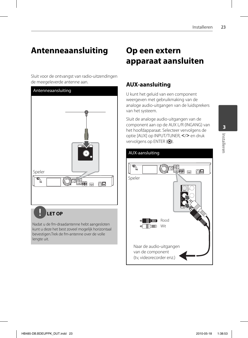 Antenneaansluiting, Op een extern apparaat aansluiten, Aux-aansluiting | Let op | Pioneer BCS-FS505 User Manual | Page 373 / 424