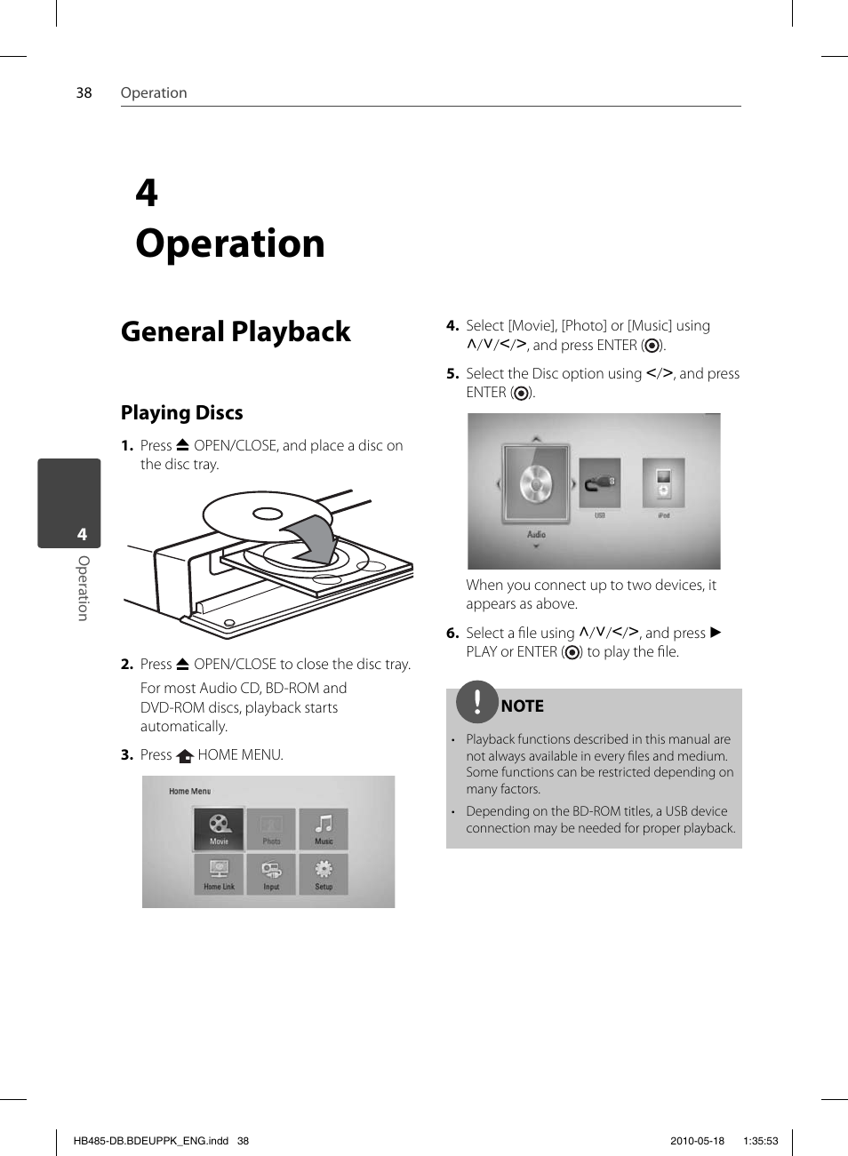 4operation, General playback, Playing discs | Pioneer BCS-FS505 User Manual | Page 38 / 424