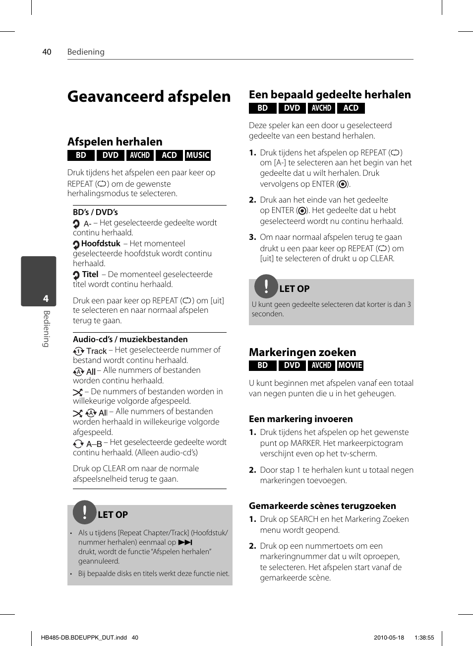 Geavanceerd afspelen, Afspelen herhalen, Een bepaald gedeelte herhalen | Markeringen zoeken | Pioneer BCS-FS505 User Manual | Page 390 / 424