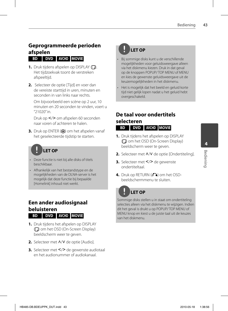 Geprogrammeerde perioden afspelen, Een ander audiosignaal beluisteren, De taal voor ondertitels selecteren | Pioneer BCS-FS505 User Manual | Page 393 / 424