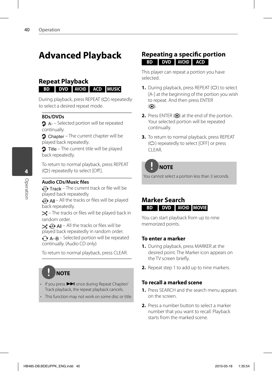 Advanced playback, Repeat playback, Repeating a specifi c portion | Marker search | Pioneer BCS-FS505 User Manual | Page 40 / 424