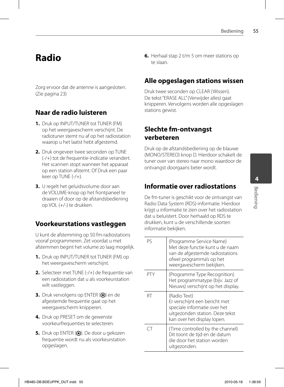 Radio, Naar de radio luisteren, Voorkeurstations vastleggen | Alle opgeslagen stations wissen, Slechte fm-ontvangst verbeteren, Informatie over radiostations | Pioneer BCS-FS505 User Manual | Page 405 / 424