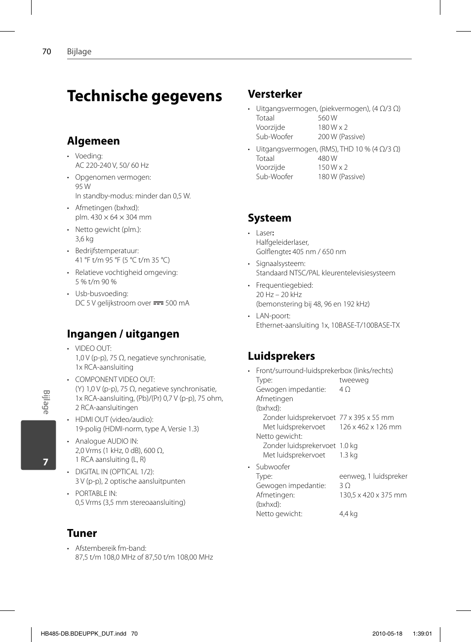 Technische gegevens, Algemeen, Ingangen / uitgangen | Tuner, Versterker, Systeem, Luidsprekers | Pioneer BCS-FS505 User Manual | Page 420 / 424