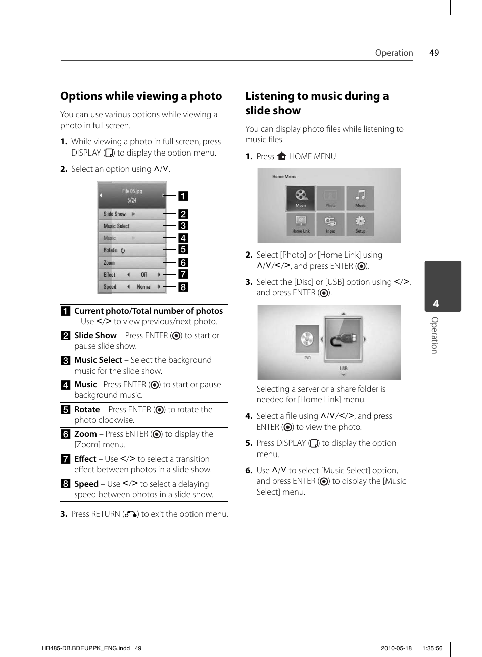 Options while viewing a photo, Listening to music during a slide show | Pioneer BCS-FS505 User Manual | Page 49 / 424