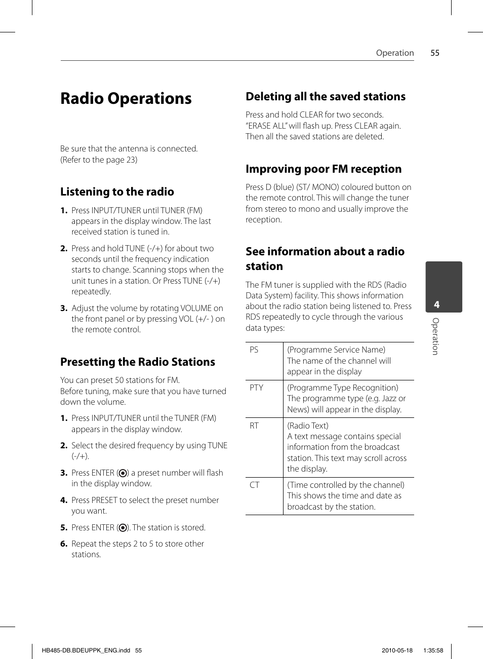 Radio operations, Listening to the radio, Presetting the radio stations | Deleting all the saved stations, Improving poor fm reception, See information about a radio station | Pioneer BCS-FS505 User Manual | Page 55 / 424