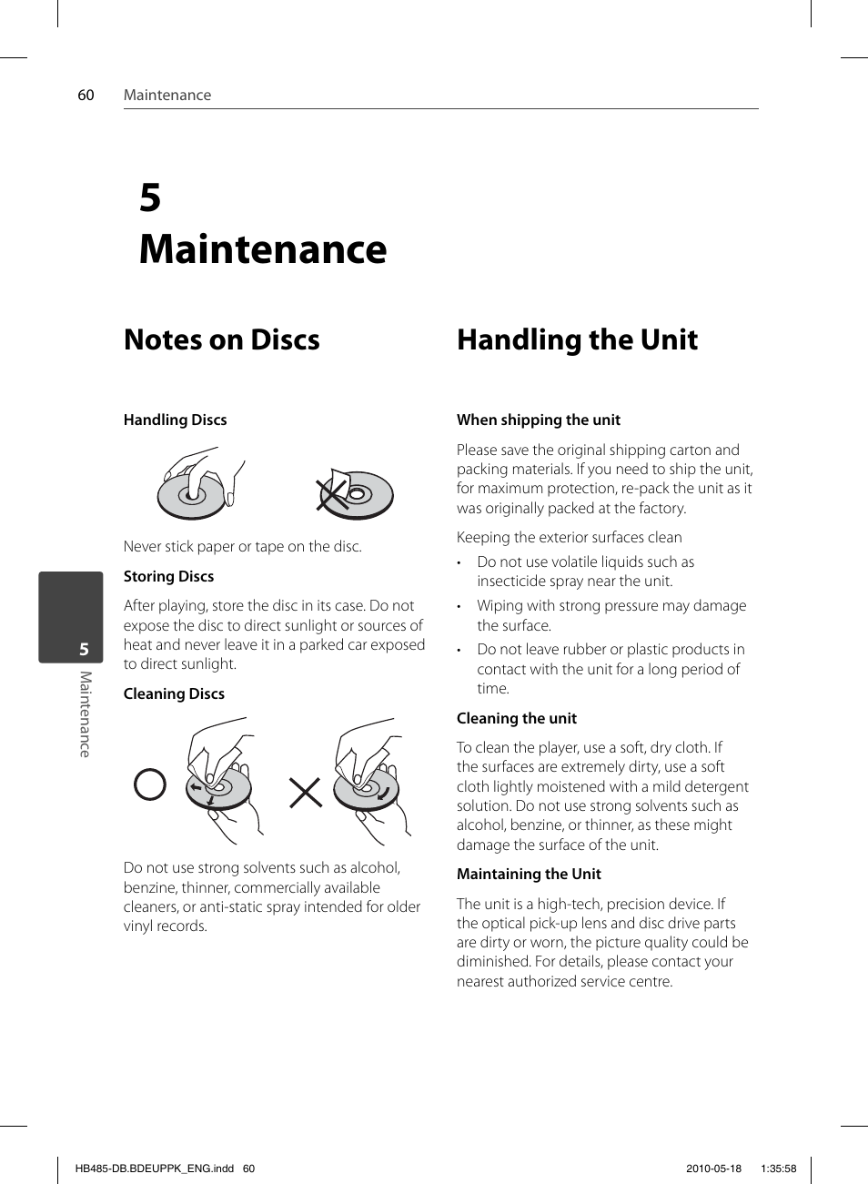 5maintenance, Handling the unit | Pioneer BCS-FS505 User Manual | Page 60 / 424