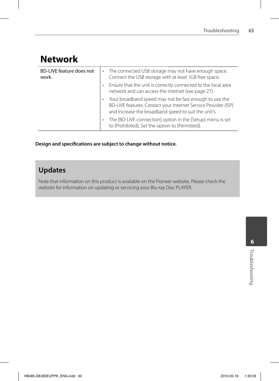 Network, Updates | Pioneer BCS-FS505 User Manual | Page 63 / 424