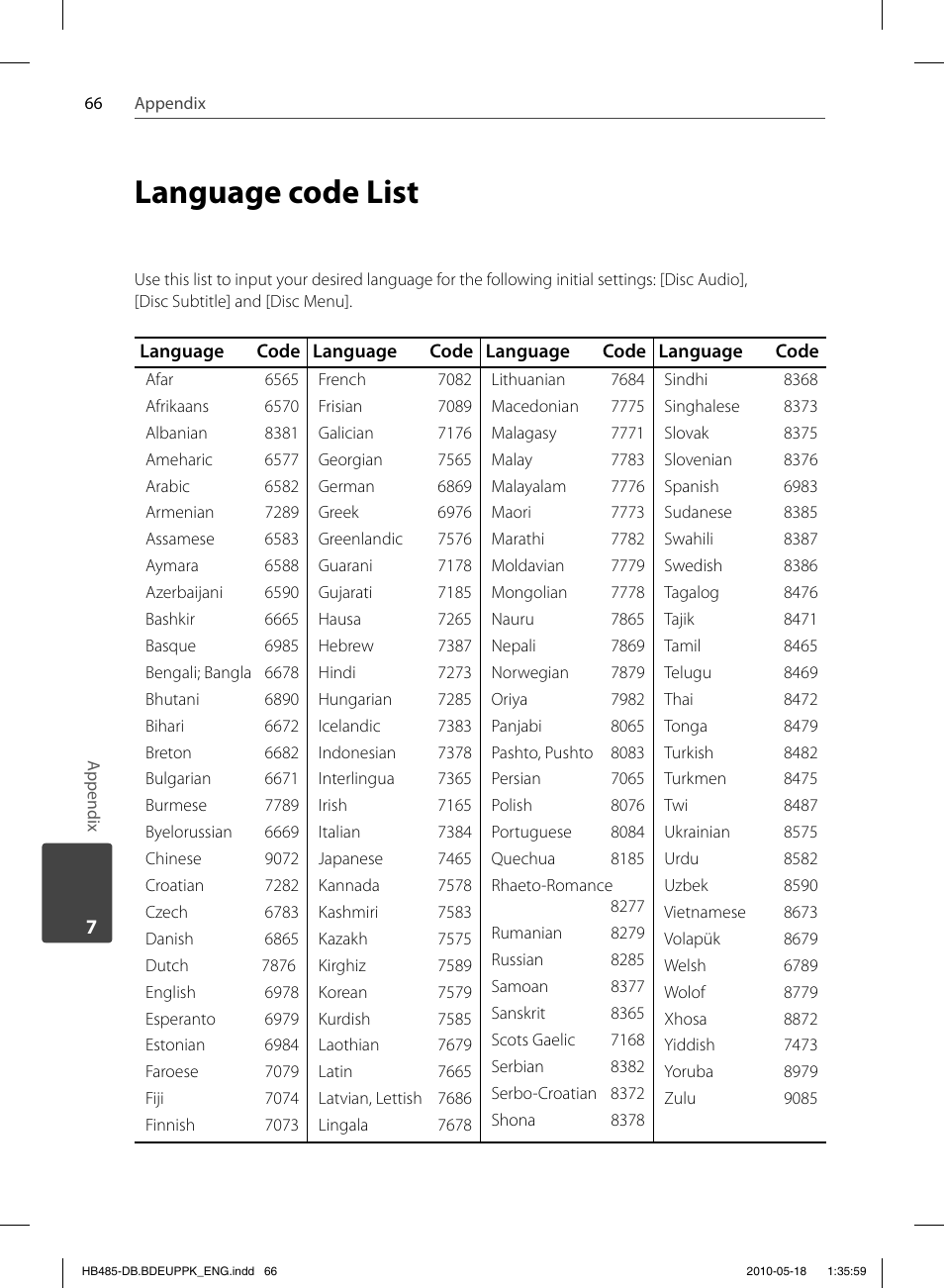 Language code list | Pioneer BCS-FS505 User Manual | Page 66 / 424