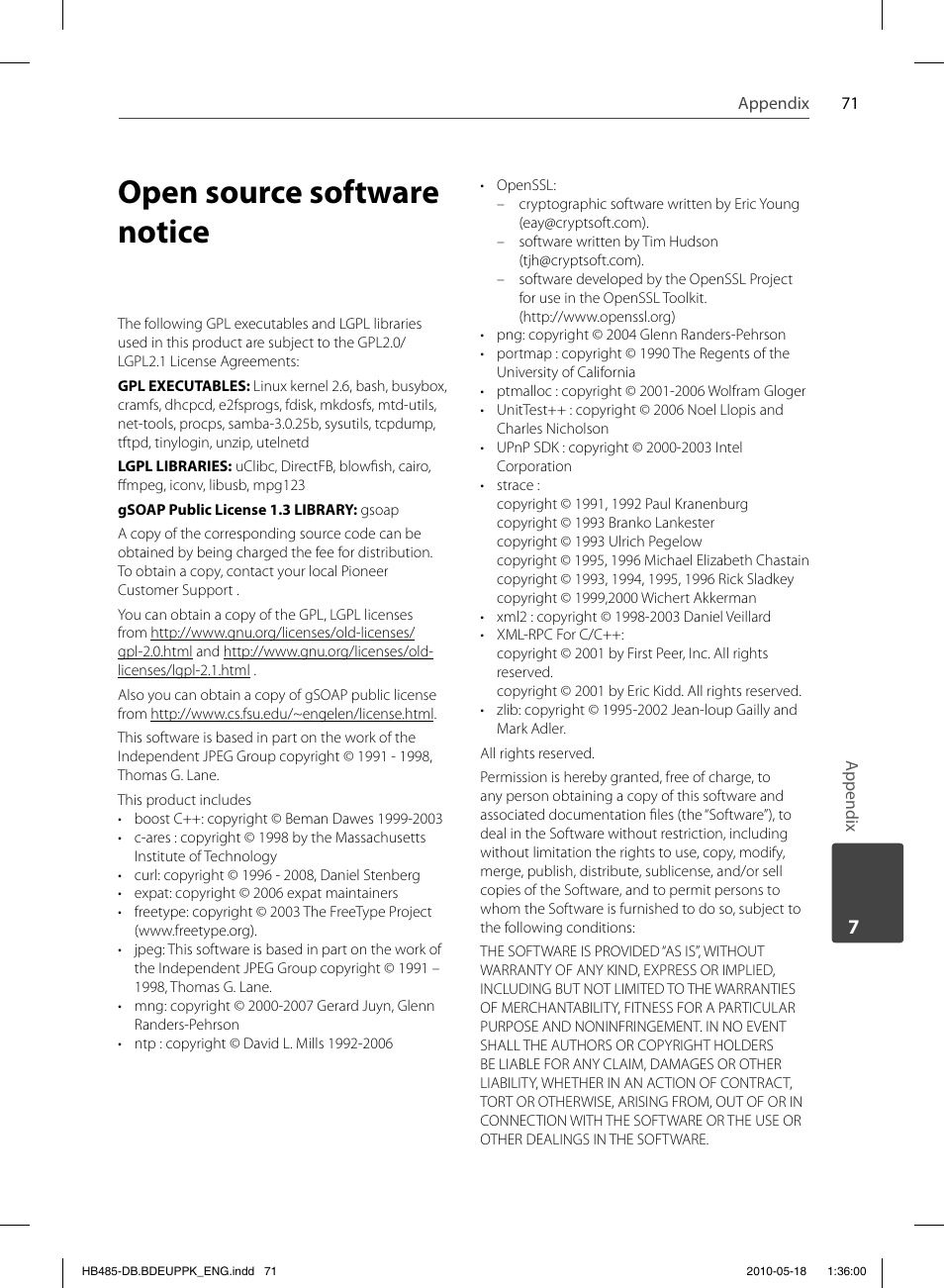 Open source software notice | Pioneer BCS-FS505 User Manual | Page 71 / 424