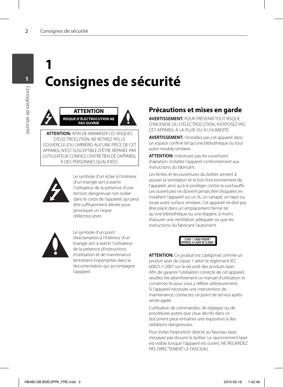 1consignes de sécurité, Précautions et mises en garde | Pioneer BCS-FS505 User Manual | Page 72 / 424