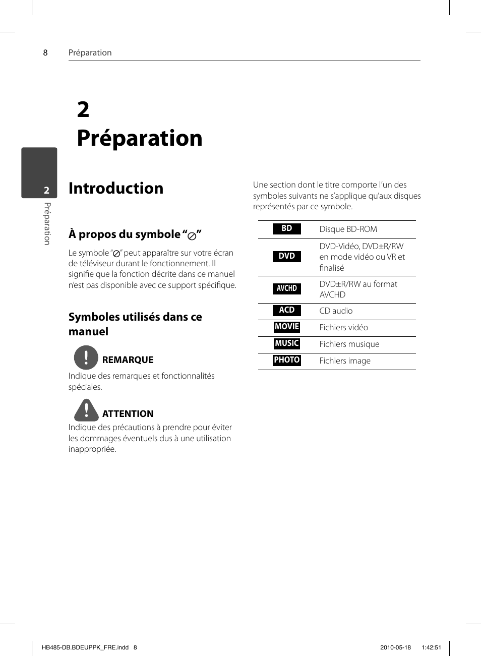 2préparation, Introduction, À propos du symbole | Symboles utilisés dans ce manuel | Pioneer BCS-FS505 User Manual | Page 78 / 424