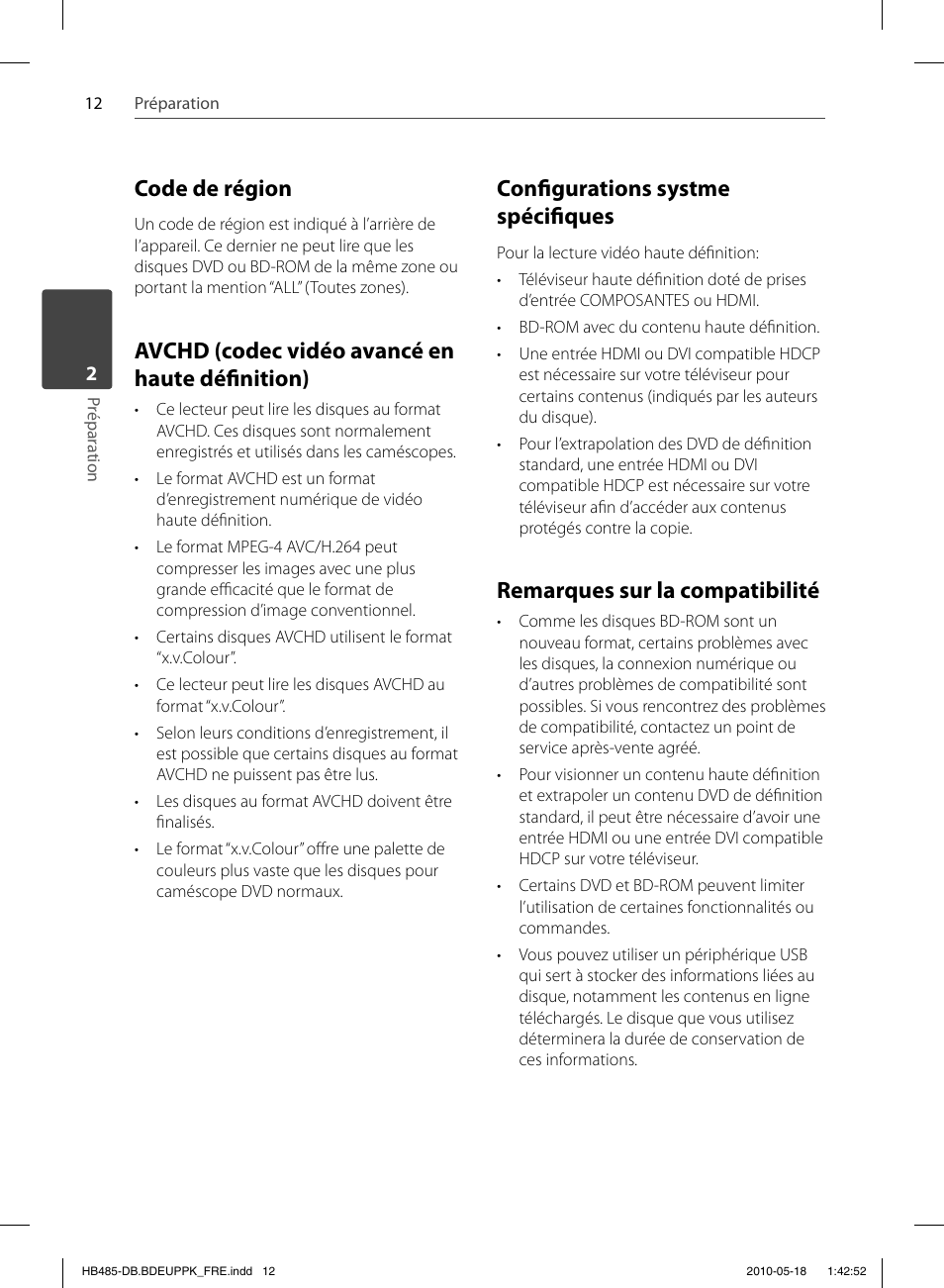 Code de région, Avchd (codec vidéo avancé en haute défi nition), Confi gurations systme spécifi ques | Remarques sur la compatibilité | Pioneer BCS-FS505 User Manual | Page 82 / 424