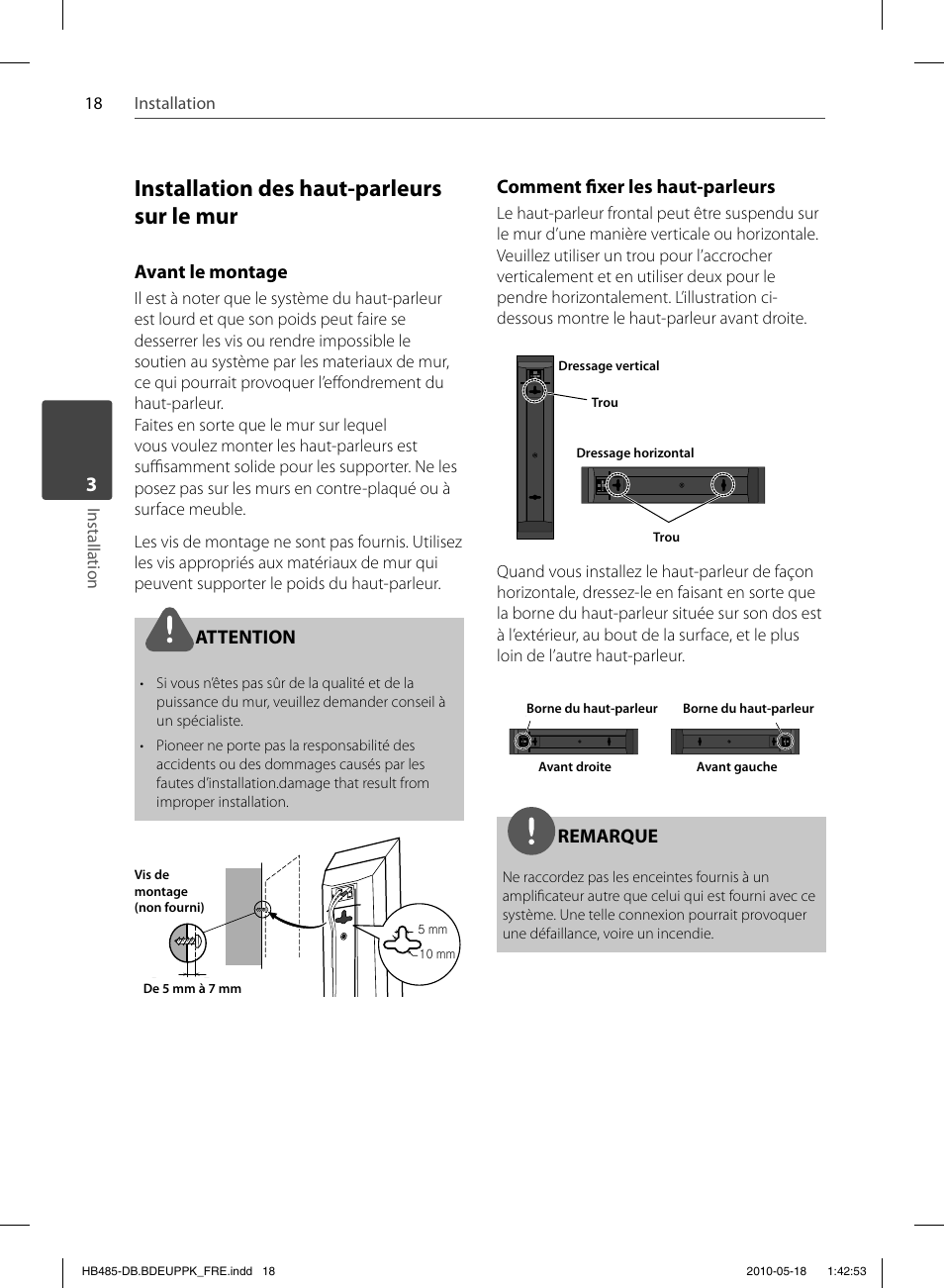 Installation des haut-parleurs sur le mur, Avant le montage, Attention | Comment fi xer les haut-parleurs, Remarque, 18 installation installation | Pioneer BCS-FS505 User Manual | Page 88 / 424