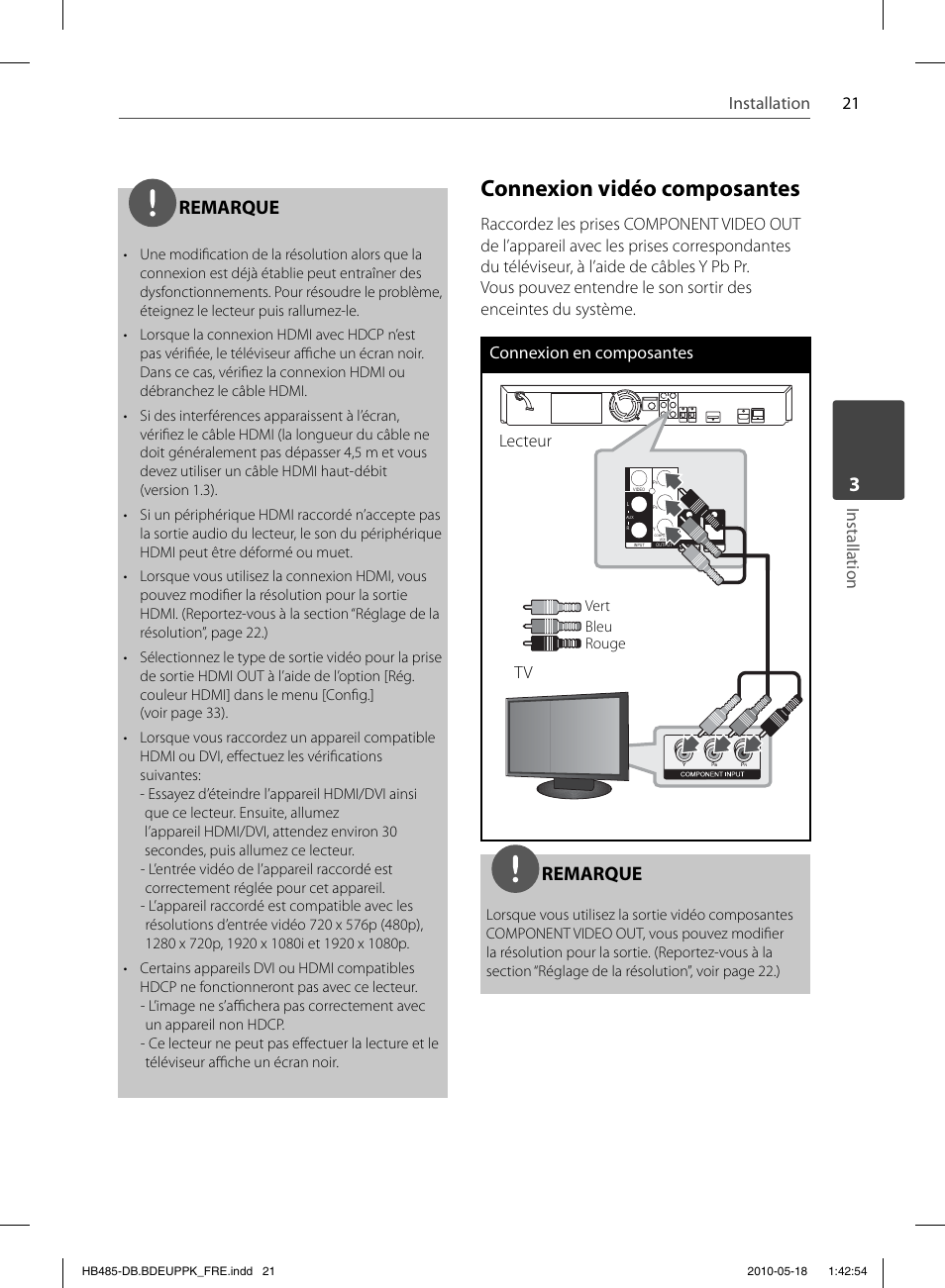 Connexion vidéo composantes, Remarque, 21 installation | Installation, Lecteur | Pioneer BCS-FS505 User Manual | Page 91 / 424