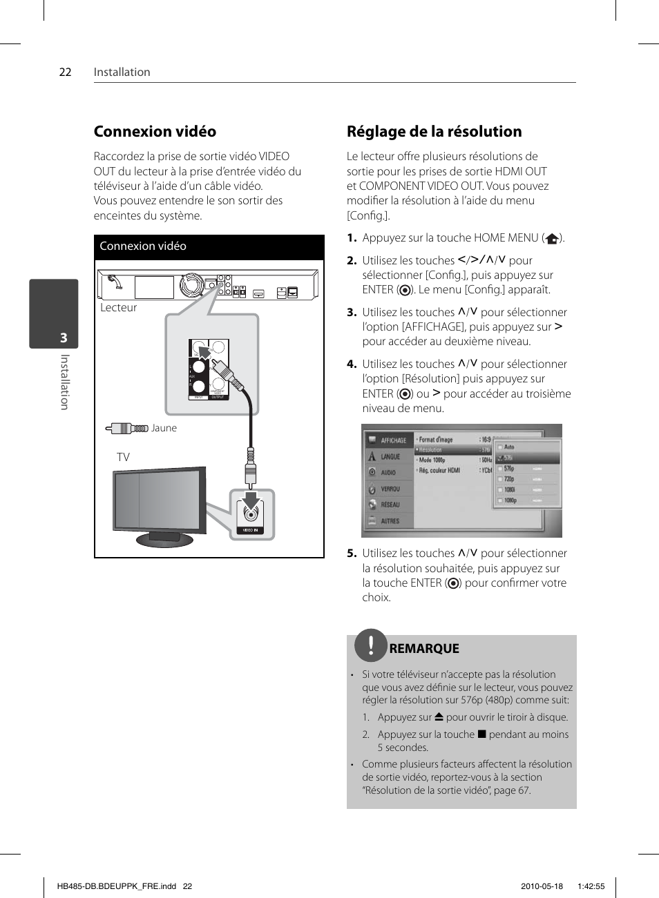 Connexion vidéo, Réglage de la résolution, Remarque | Pioneer BCS-FS505 User Manual | Page 92 / 424