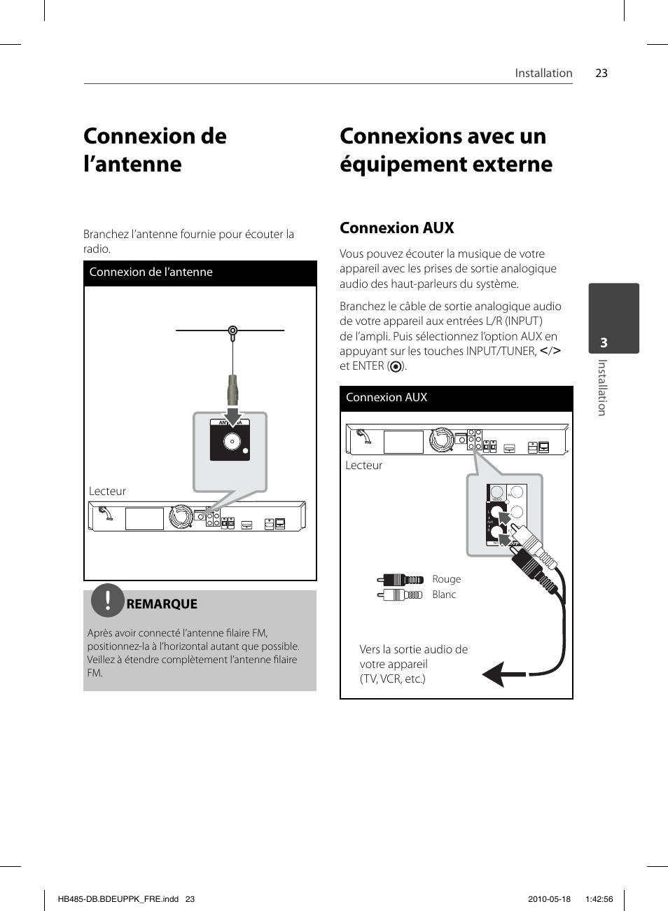 Connexion de l’antenne, Connexions avec un équipement externe, Connexion aux | Remarque | Pioneer BCS-FS505 User Manual | Page 93 / 424